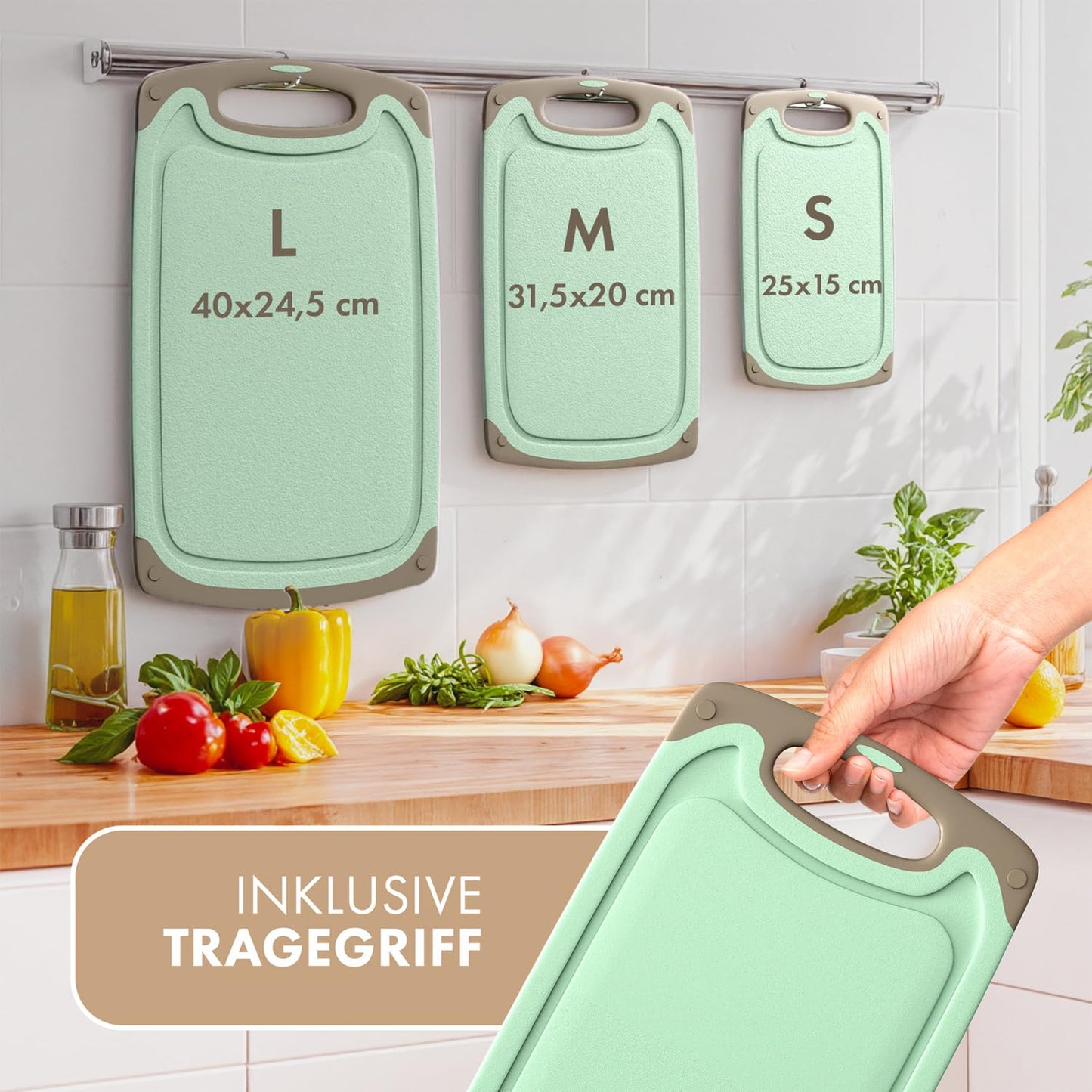 Blumtal Schneidebrett Set mit 3 Größen (S/M/L) - Schneidebrett Kunststoff groß + Saftrillen & Griff - Cutting Board - Küchenbrett BPA frei - Schneidbrett Spülmaschinenfest - Schneidebretter Grau
