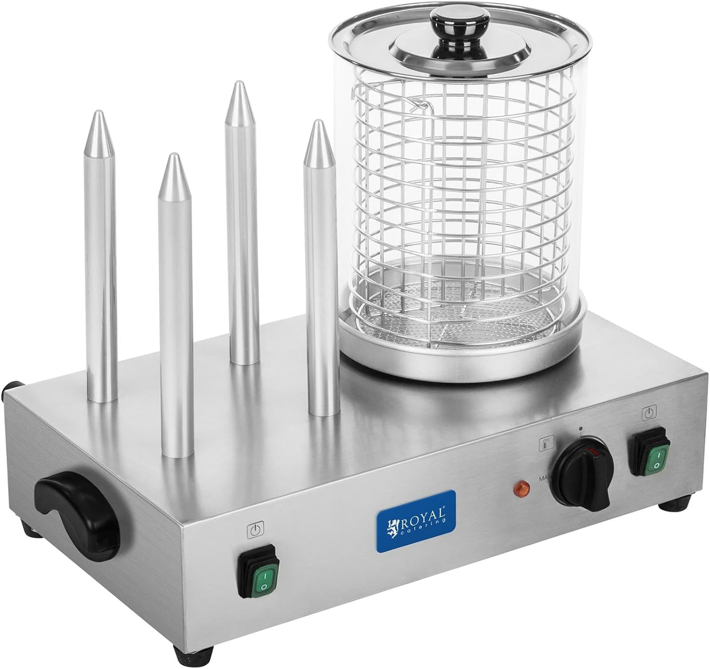 Royal Catering Hot Dog Maschine Gastro Hot-Dog Maker Professionell RCHW 2300 (Leistung 1100 Watt, Temperatur 0-95 °C, Zylinderhöhe 24 cm, Zylinderdurchmesser 20 cm, 4 Toaststangen)
