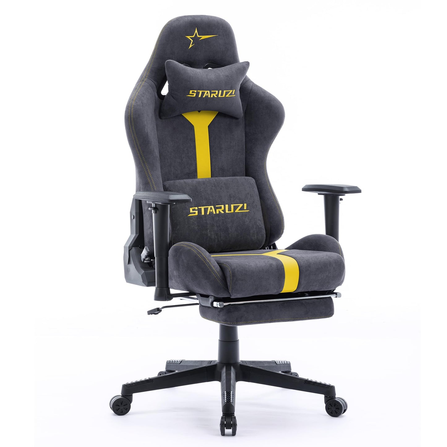 STARUZI Gaming Stuhl aus Wildlederimitat Stoff, Ergonomischer PC Stuhl, Gamer Stuhl mit Fußstütze, Atmungsaktiver Game Drehsessel mit Verstellbare Armlehne, Grau-Grün