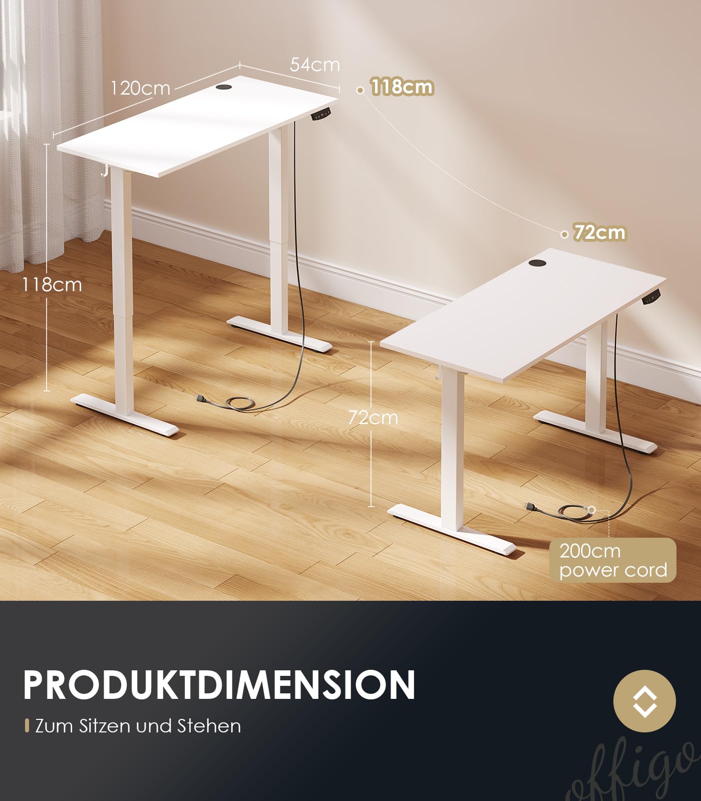 OffiGo Höhenverstellbarer Schreibtisch, 120 cm Elektrischer Schreibtisch, Ergonomischer Tisch mit Memory-Funktion, Gaming Tisch Höhenverstellbar, Moderner Computertisch für Zuhause und Büro, Weiß