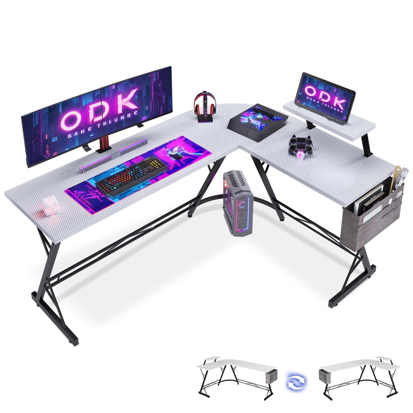 ODK Gaming Tisch, Gaming Schreibtisch Eckschreibtisch für Gamer, Schreibtisch L Form mit Monitorständer für Büro (Schwarz, 127 x 127 cm)