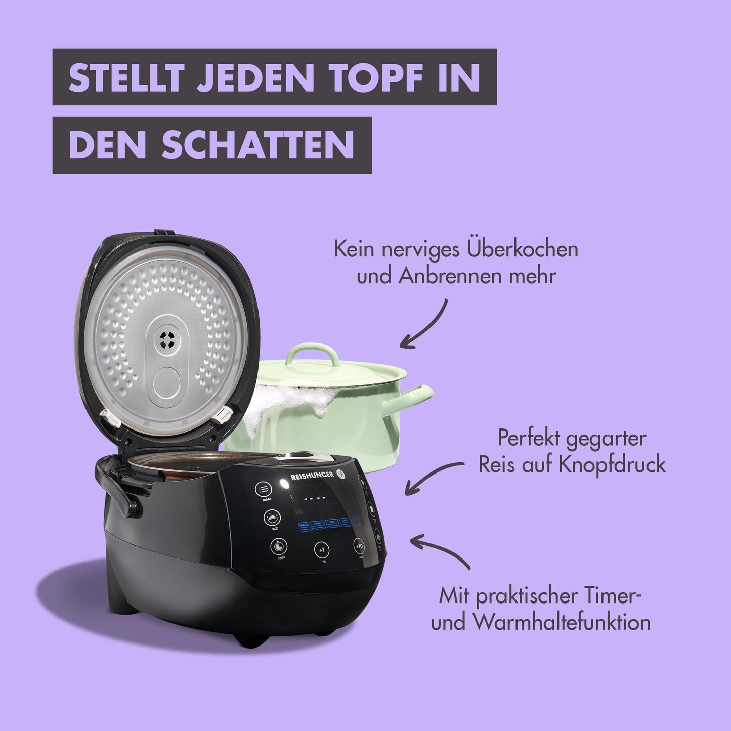 REISHUNGER Digitaler Reiskocher & Dampfgarer Grau | 1,5 L bis 8 Personen | Warmhaltefunktion, Timer & Premium Innentopf | Multikocher, 12 Programme, 7-Phasen-Technologie