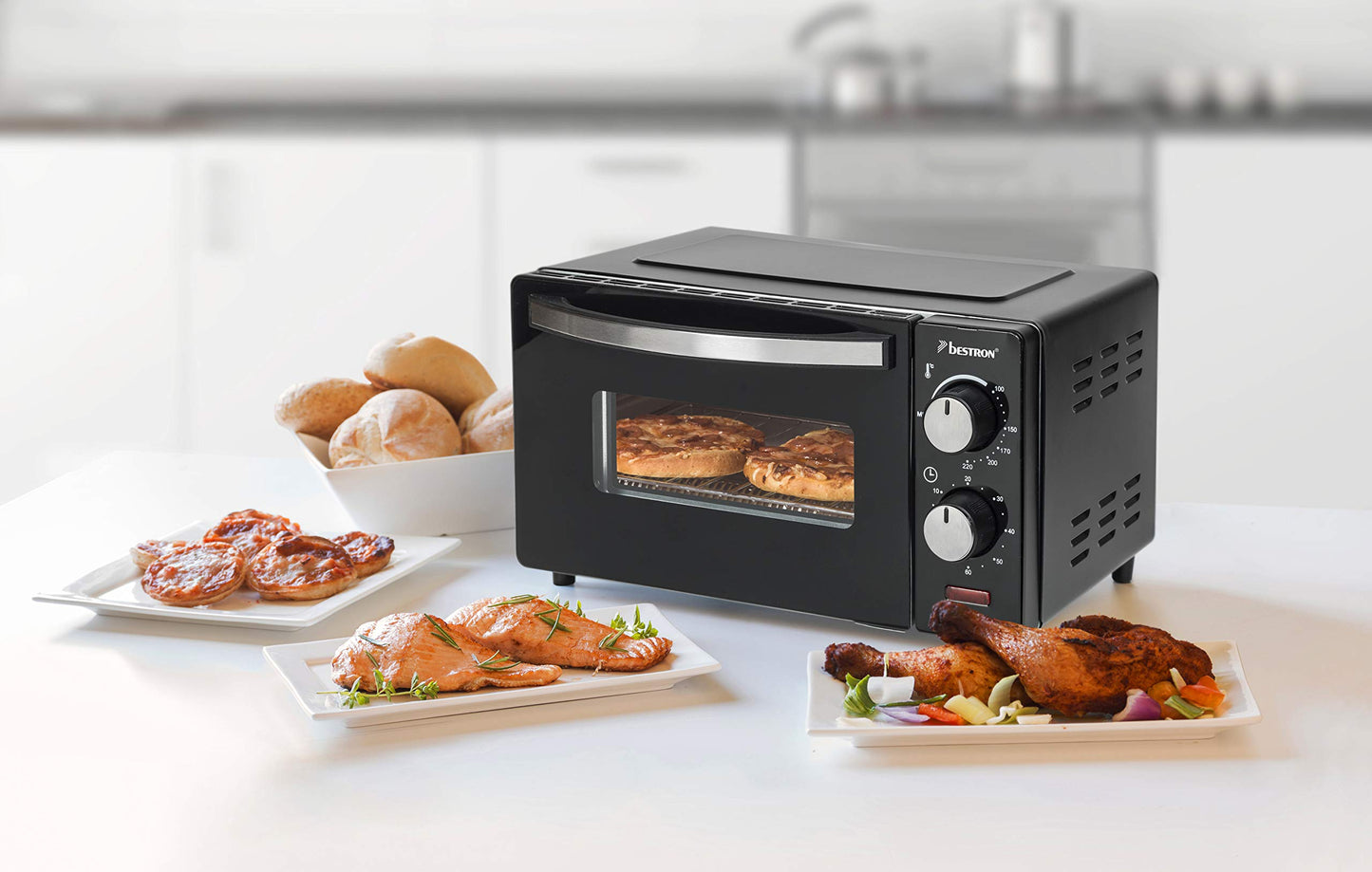 Bestron AOV9 Kompakter Mini-Backofen mit Ober-/Unterhitze, 9 Liter, 800 Watt, Schwarz