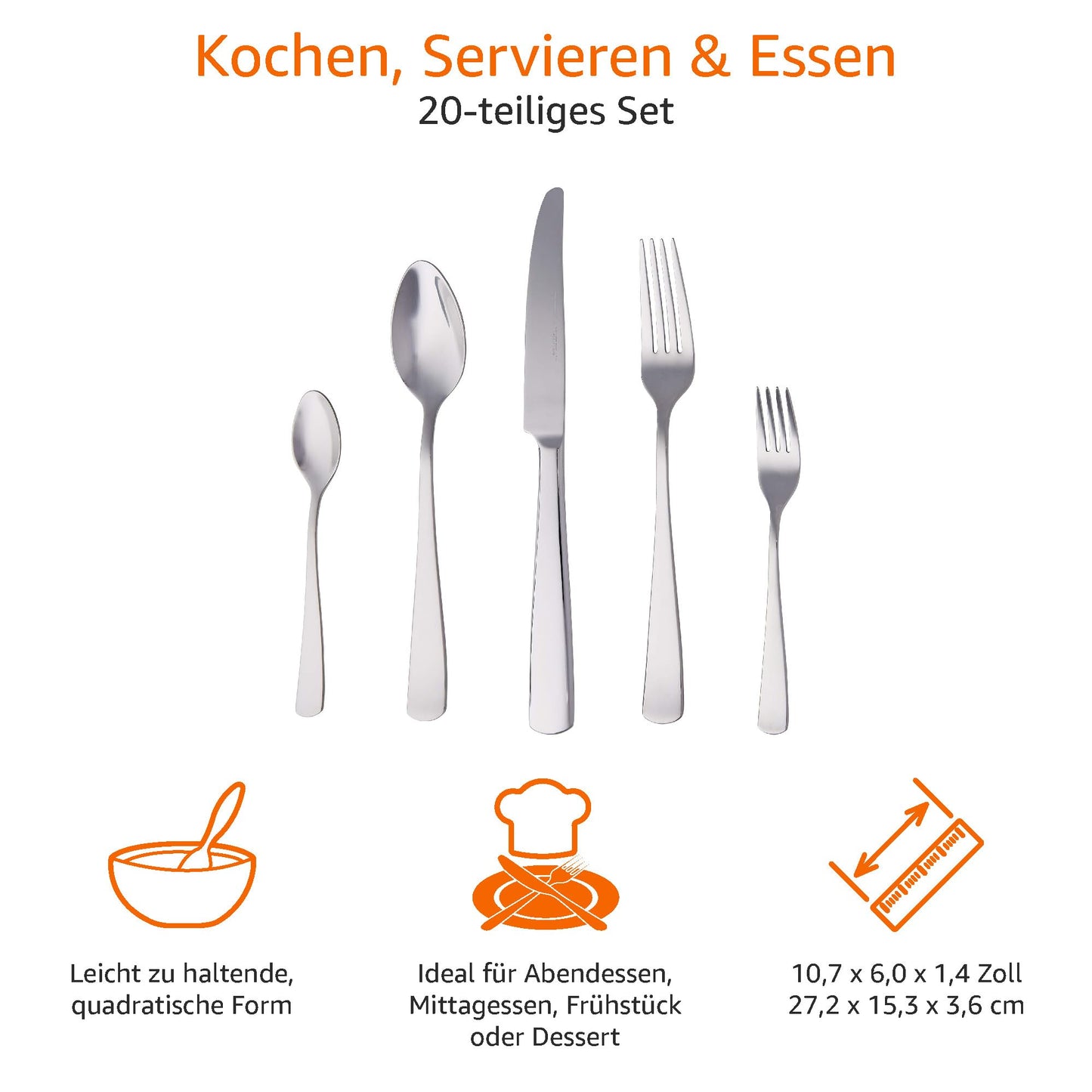Essbesteck-Set mit Eckiger Rand, Edelstahl, 20 Stück Set, für 4 Personen, Silberfarben