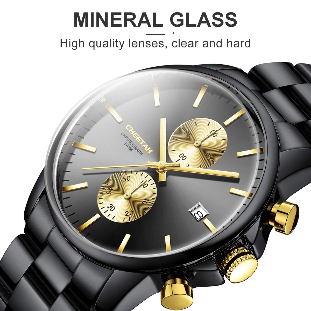 Herrenuhren mit lässiger wasserdichter Chronographen Quarzuhr aus Edelstahl und Metall, Auto Date in farbenfrohen Zeigern