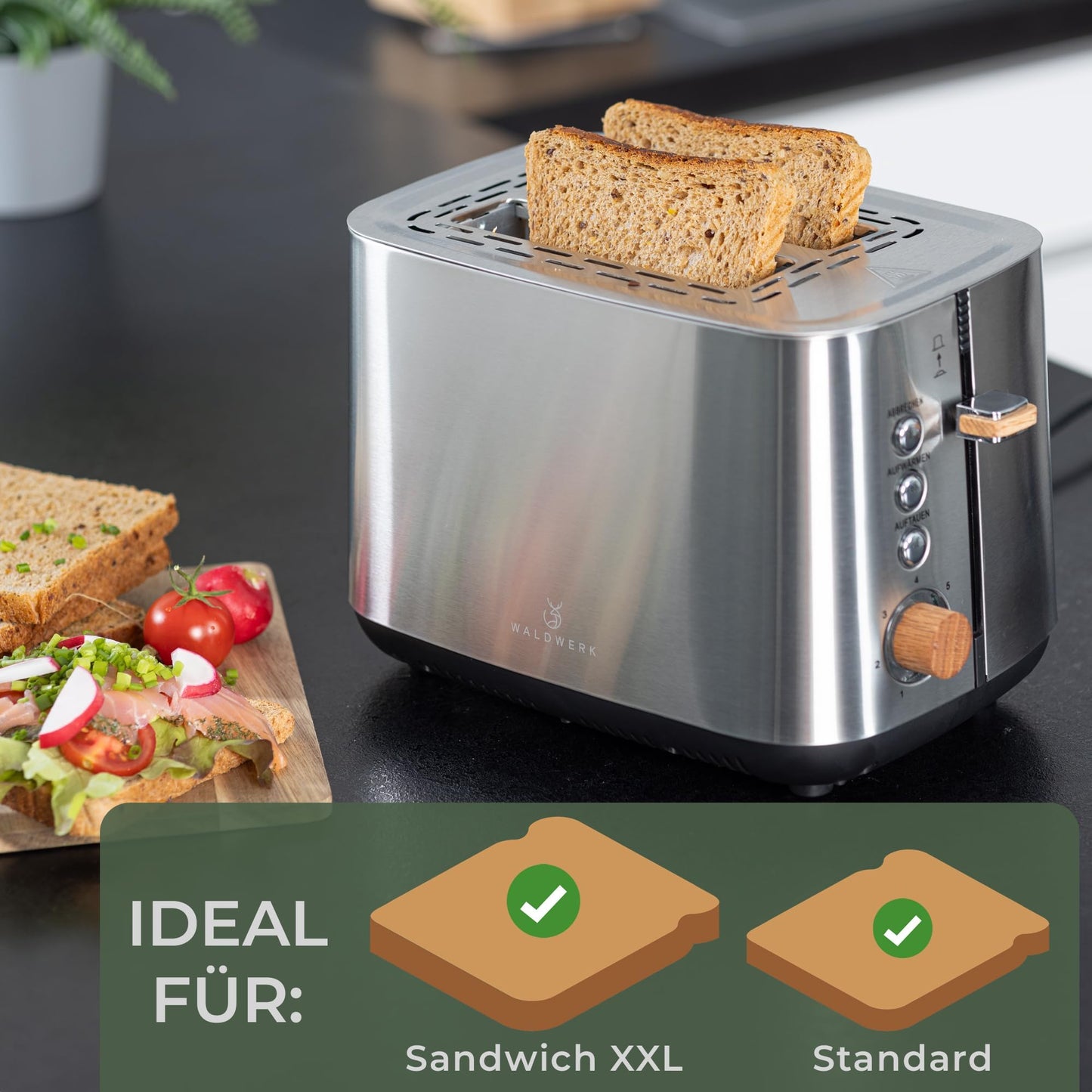 WALDWERK Design Toaster - Made of 304 Stainless Steel and Oak Wood - for 2 Slices - with Bun Attachment - with Extra Wide and Deep Toast Chambers - with Crumb Drawer