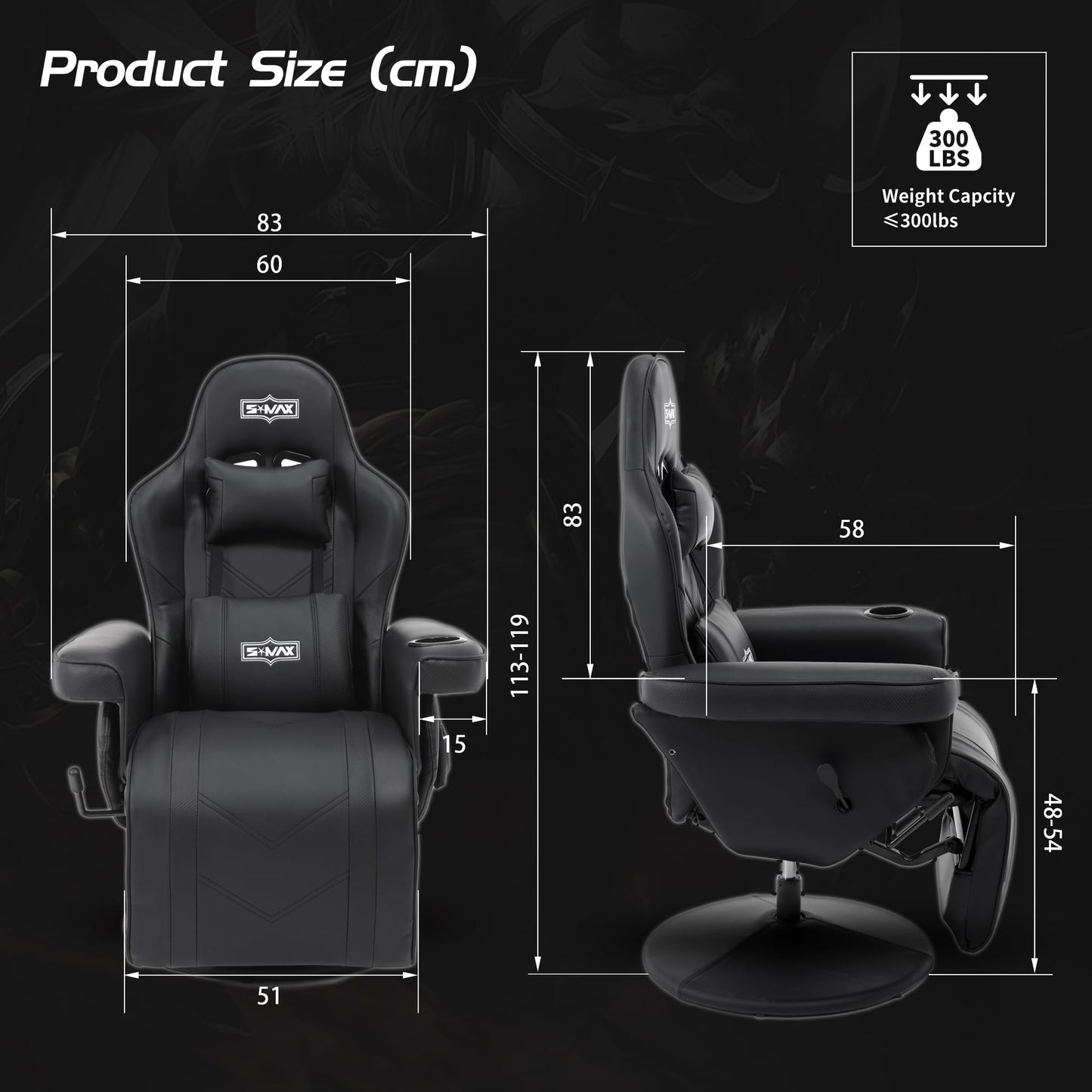 S*MAX Gaming Stuhl mit Fußstütze Gaming Sessel hoher Rückenlehne mit Verstellbarer Rückenlehne Becherhalter Seitentasche Gaming Stühle für Erwachsene Schwarz