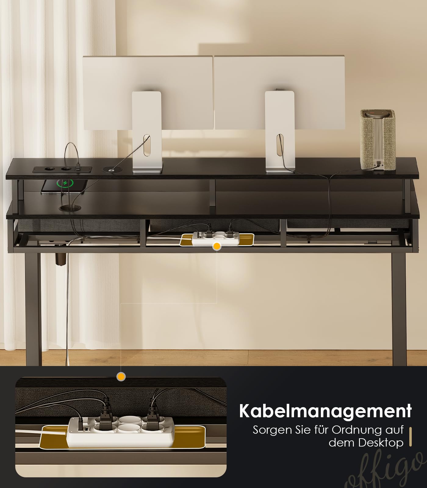 OffiGo Elektrischer Schreibtisch mit Schubladen, 120cm Höhenverstellbarer Schreibtisch mit Monitorständer, Gaming Tisch mit Steckdosen und Lichtleiste, Tisch Höhenverstellbar Bürotisch, Weiß