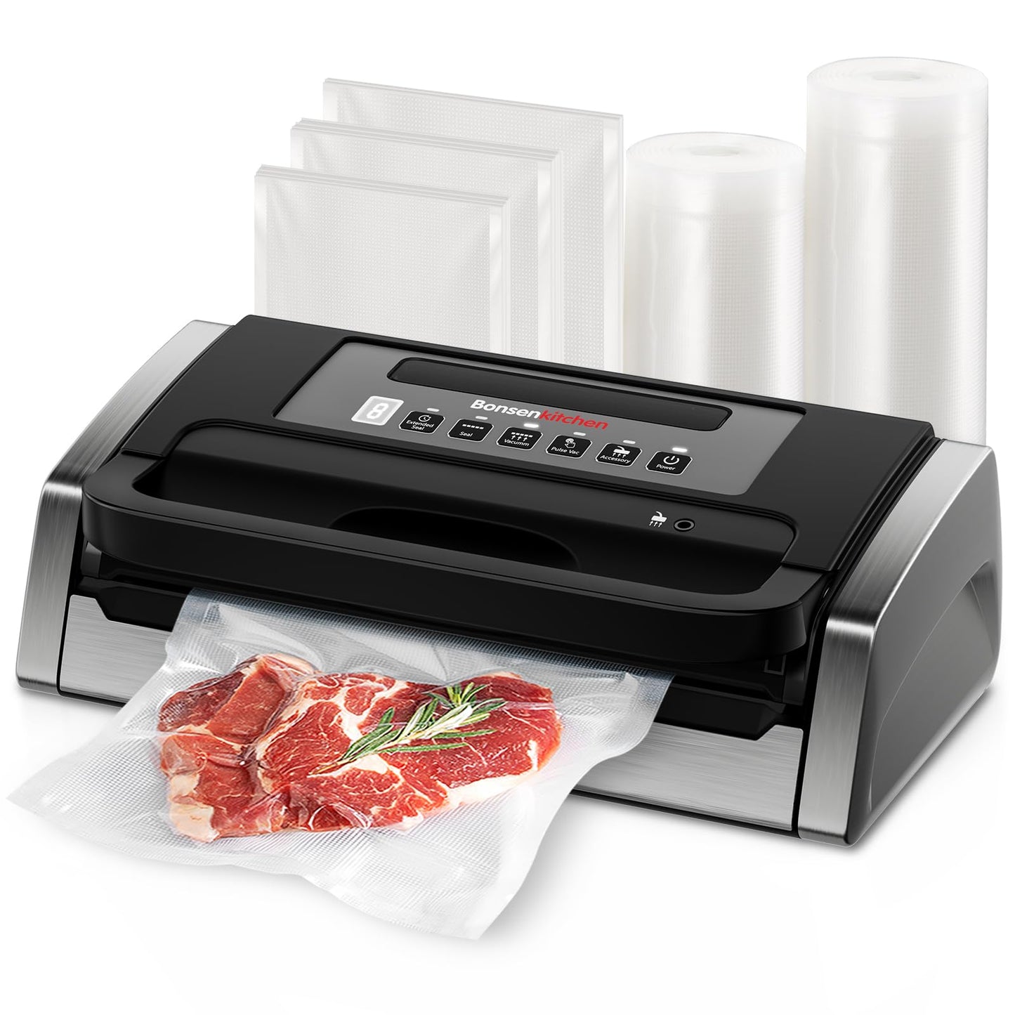 Bonsenkitchen Vakuumiergerät, Vakuumierer, Einschließlich 2 Rollen Vakuumrollen, Design mit Griffverriegelung, leistungsstarker geräuscharmer mit Globefish-Technologie, integrierter Schneider