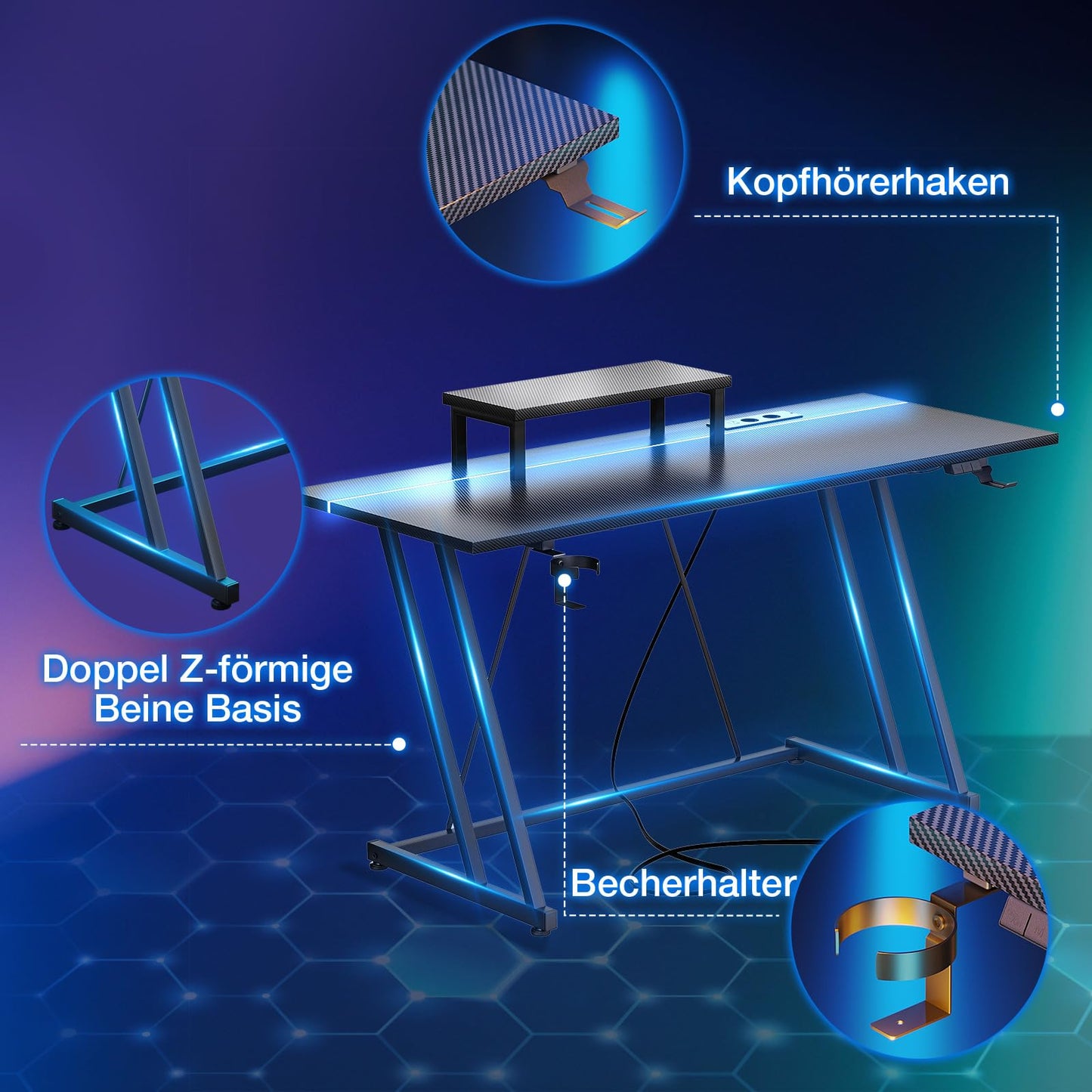 ODK Gaming Tisch mit LED & Steckdose, Gaming Schreibtisch mit Becherhalter und Kopfhörerhaken, Doppel-Z-Rahmen-Design Kleiner Computertisch, Carbon Fiber Schwarz PC Tisch 120 cm