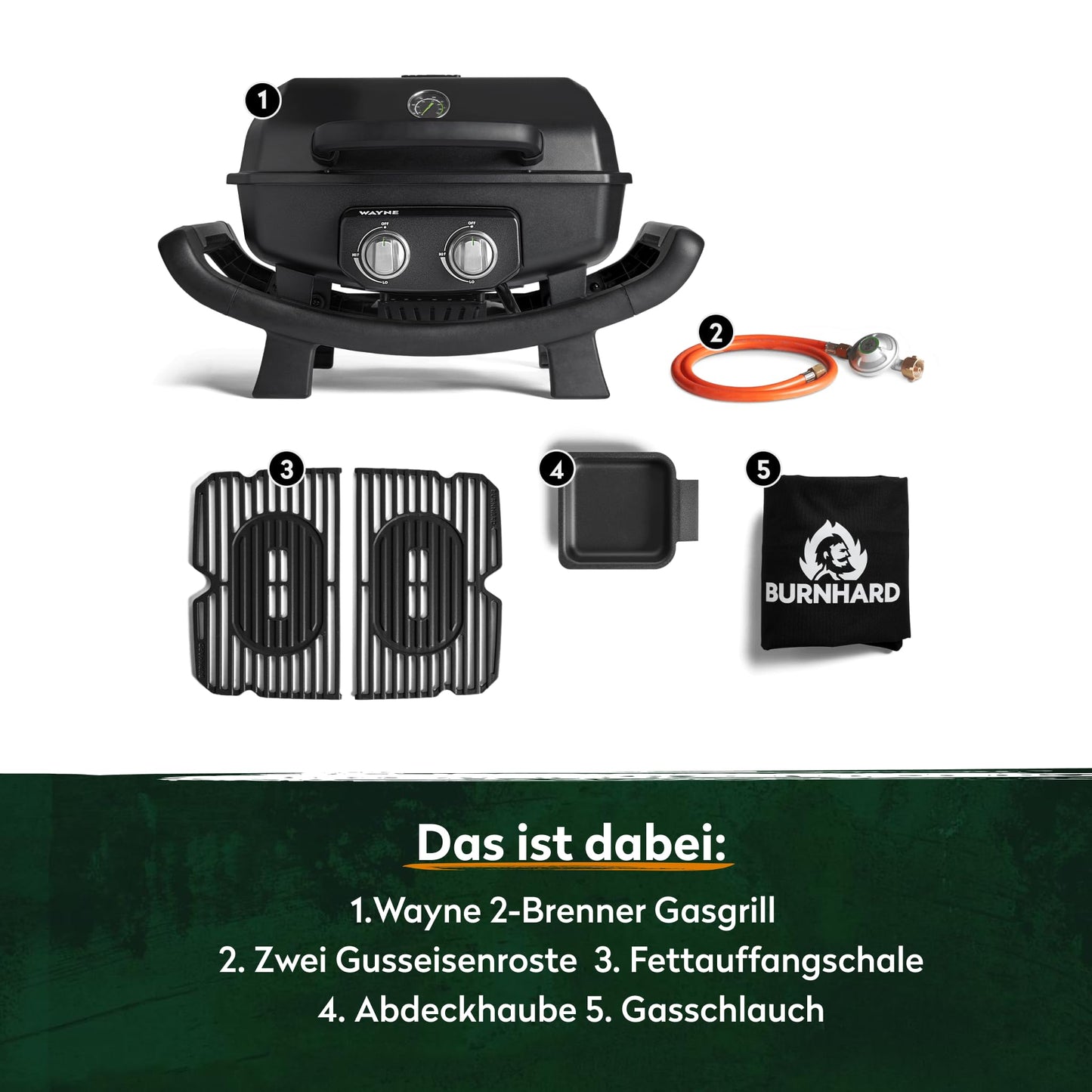 BURNHARD 2-Brenner Gasgrill Wayne 4,4 kW – Tragbarer Balkongrill - Tischgasgrill klein mit Aludruckguss Brennkammer inkl. Abdeckhaube - Gusseisen Grillrost