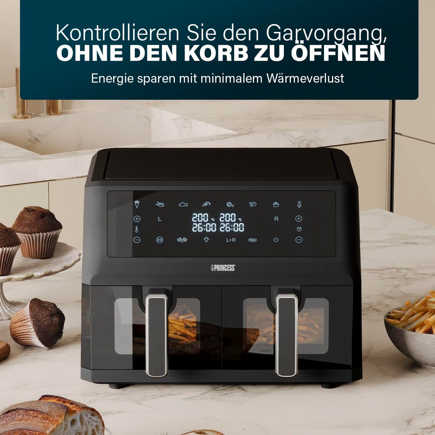Princess Digital Hot Air Fryer - 6.5 L - with Removable Divider - 60 Percent Less Energy Consumption - Digital Touchscreen - 12 Programmes - Oil Free - Black - 182061