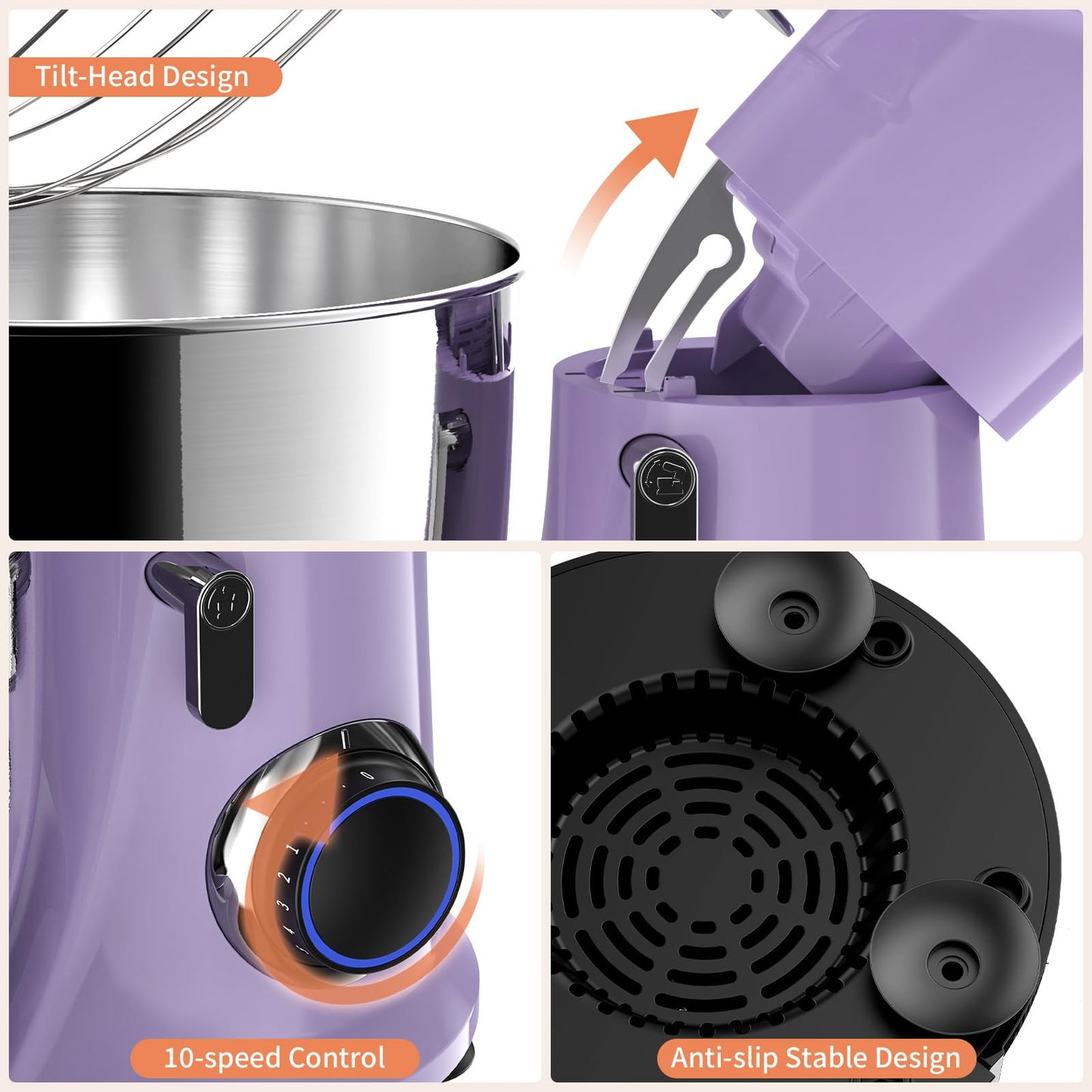 Küchenmaschine,Küchenmaschine Teigmaschine,10 Geschwindigkeit,Küchenmaschine zum backen mit 6.5 QT Edelstahl-Rührschüsseln und 3 Rührwerkzeuge (Rührhaken,Knethaken,Schlagbesen) 660W (Vine Purple)