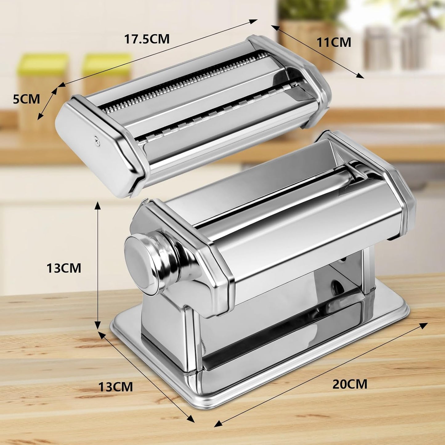 Manual pasta machine, stainless steel pasta maker with two widths, roller and cutter made of stainless steel with 7 adjustable thicknesses for pasta, spaghetti, fettuccine, lasagna