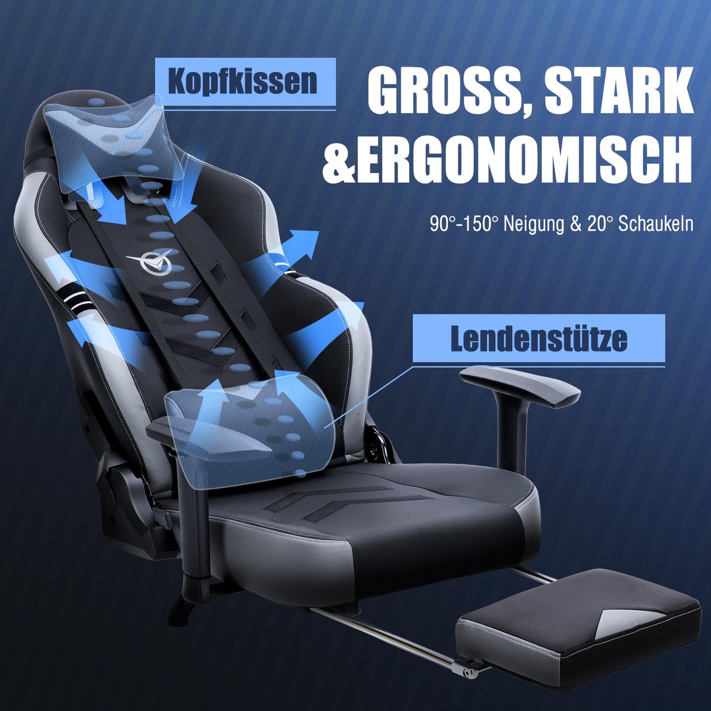 COLAMY Gaming Stuhl mit Fußstütze 160 KG Belastbarkeit-Computer Gamer PC Stuhl, Ergonomisch Hohe Rückenlehne, Verstellbare Rückenlehne, 3D Armlehnen, Kopfstütze und Lordosenstütze, Schwarz