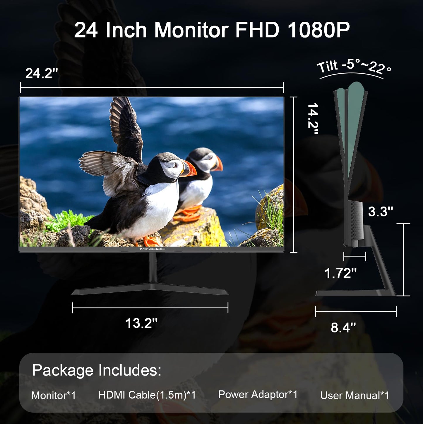 Minifire 24 Zoll USB-C Monitor mit Lautsprecher, 100Hz, IPS, FHD 1080P Adaptive Sync PC Bildschirm, HDMI USB-C Anschlüsse (MF24X3 HDMI-Kabel im Lieferumfang enthalten)