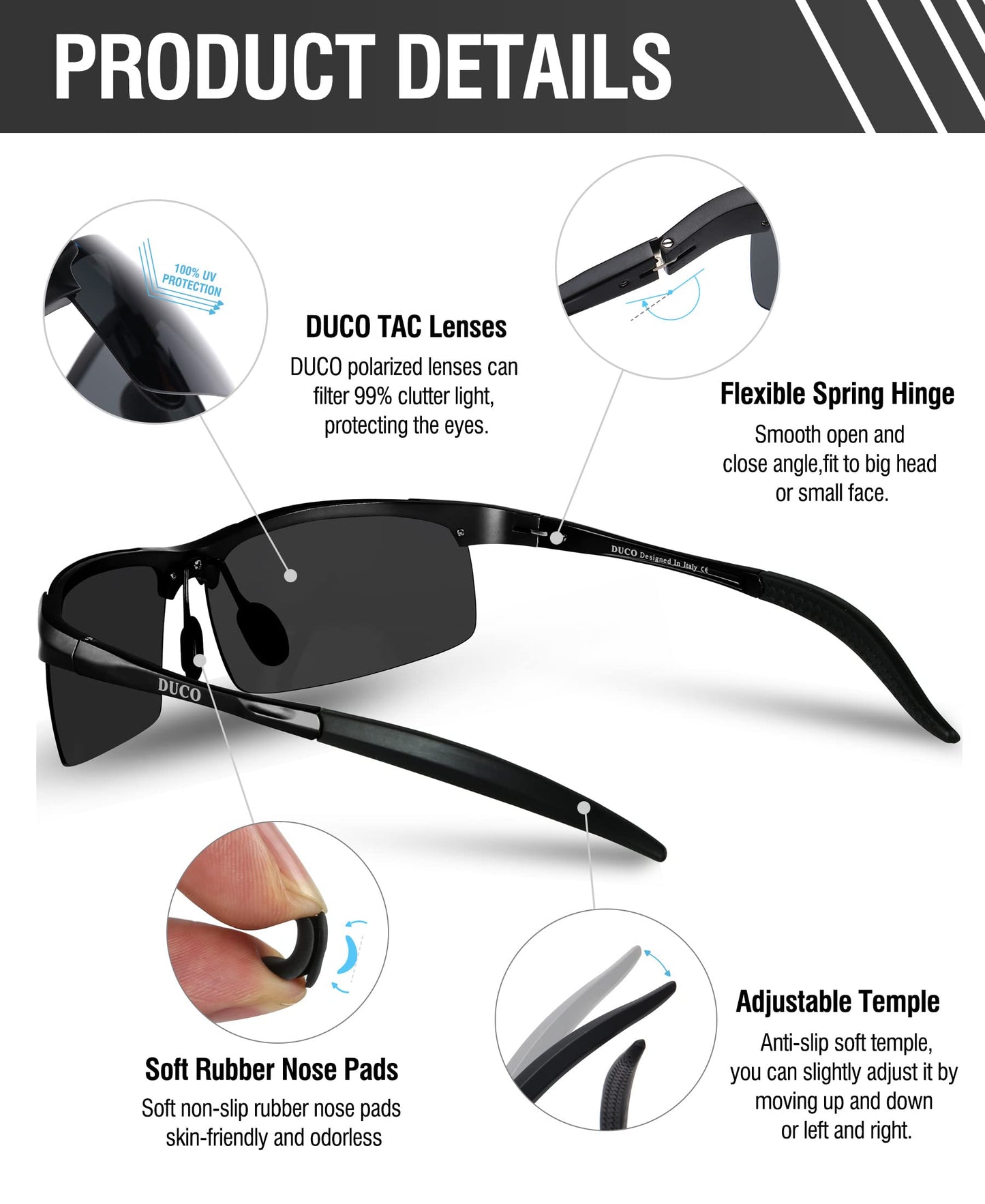 DUCO Herren Sportbrille Polarisierte Sonnenbrille Fahrerbrille Ultraleichte Al-Mg Metallrahmen UV400-Schutz Männer Sonnenbrillen 8177S