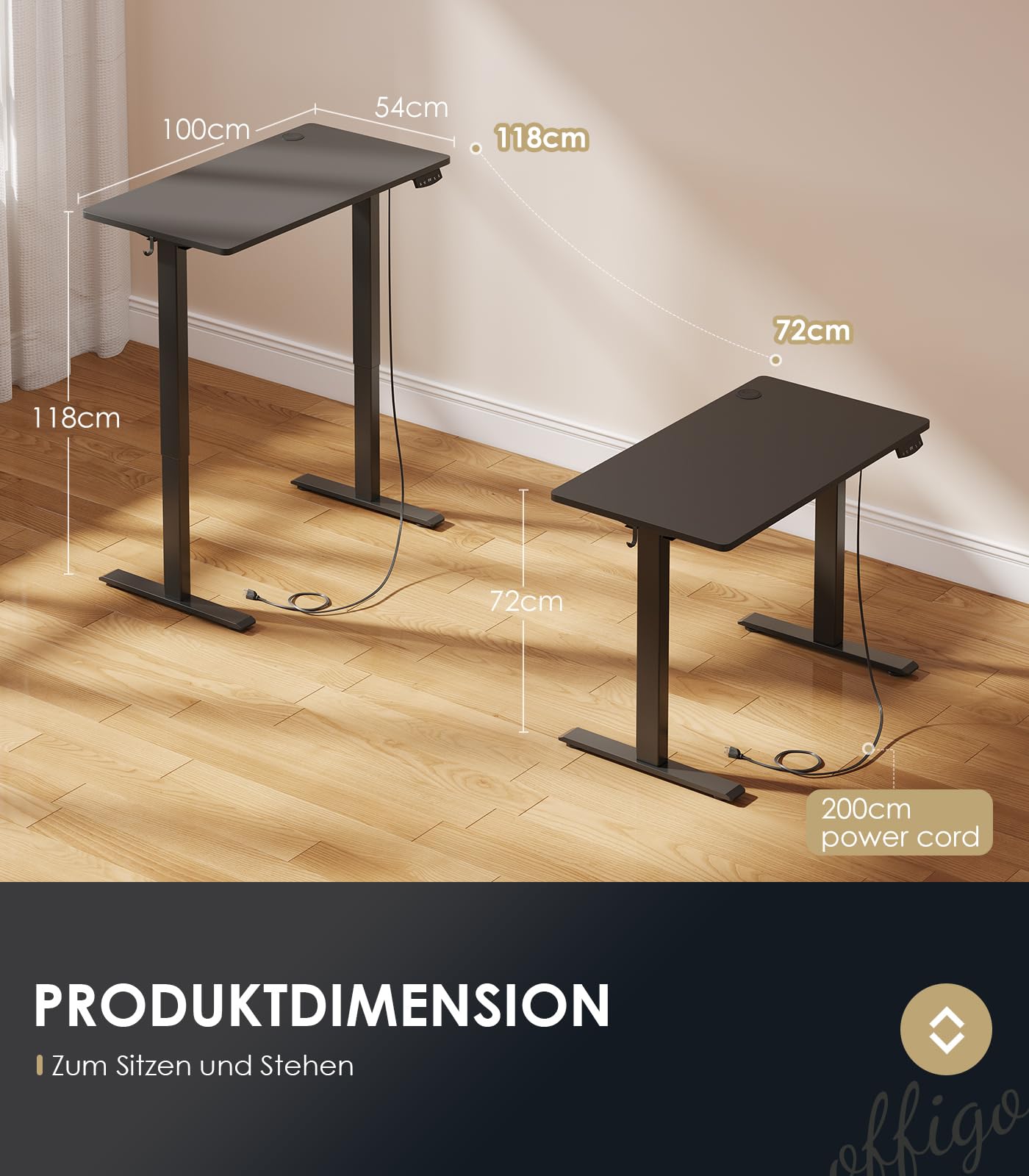 OffiGo Höhenverstellbarer Schreibtisch, 180cm, Elektrischer Schreibtisch mit USB, Schreibtisch Höhenverstellbar mit 2 Memory Funktion, Tisch Höhenverstellbar für Büro, Zuhause, Gaming, Schwarz