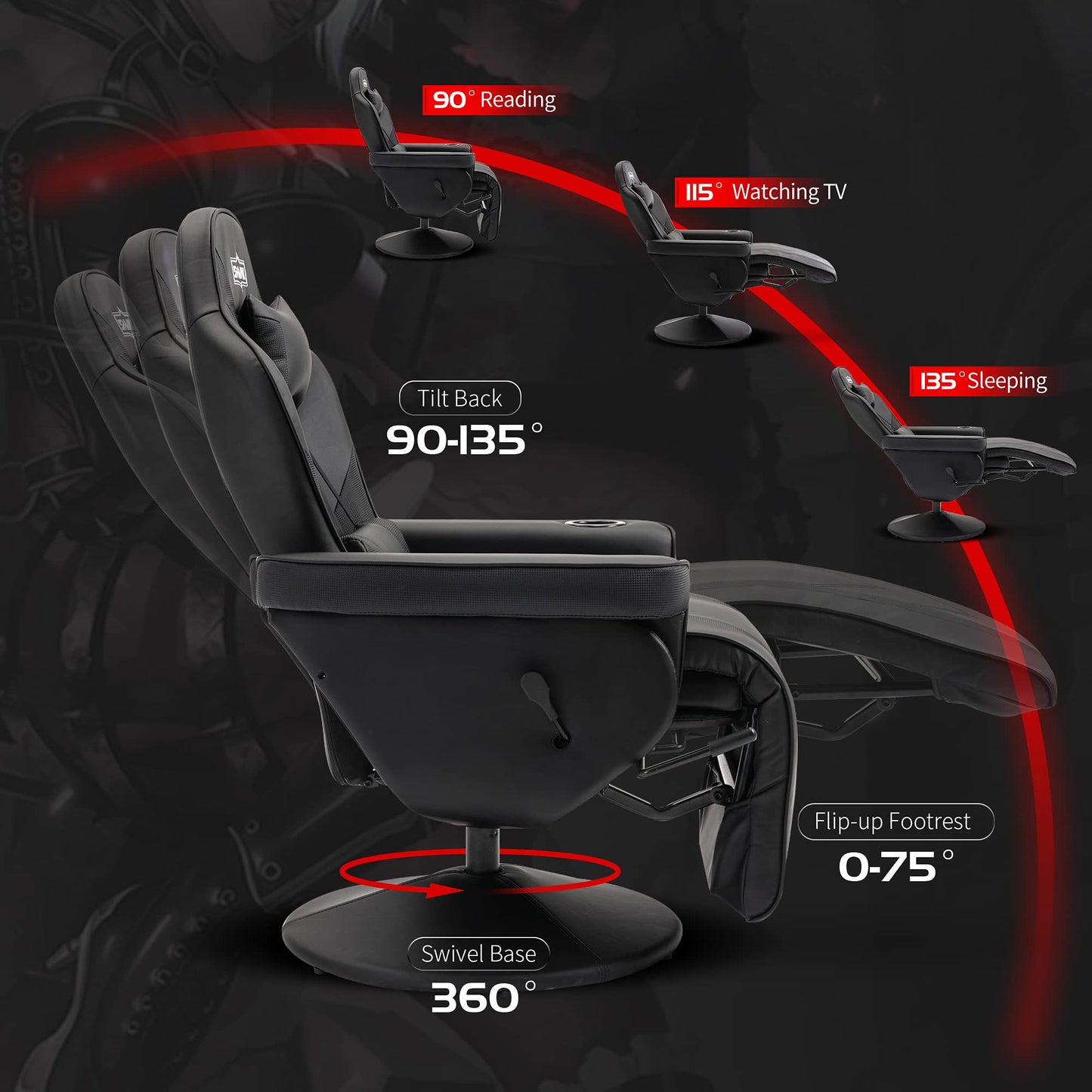 S*MAX Gaming Stuhl mit Fußstütze Gaming Sessel hoher Rückenlehne mit Verstellbarer Rückenlehne Becherhalter Seitentasche Gaming Stühle für Erwachsene Schwarz