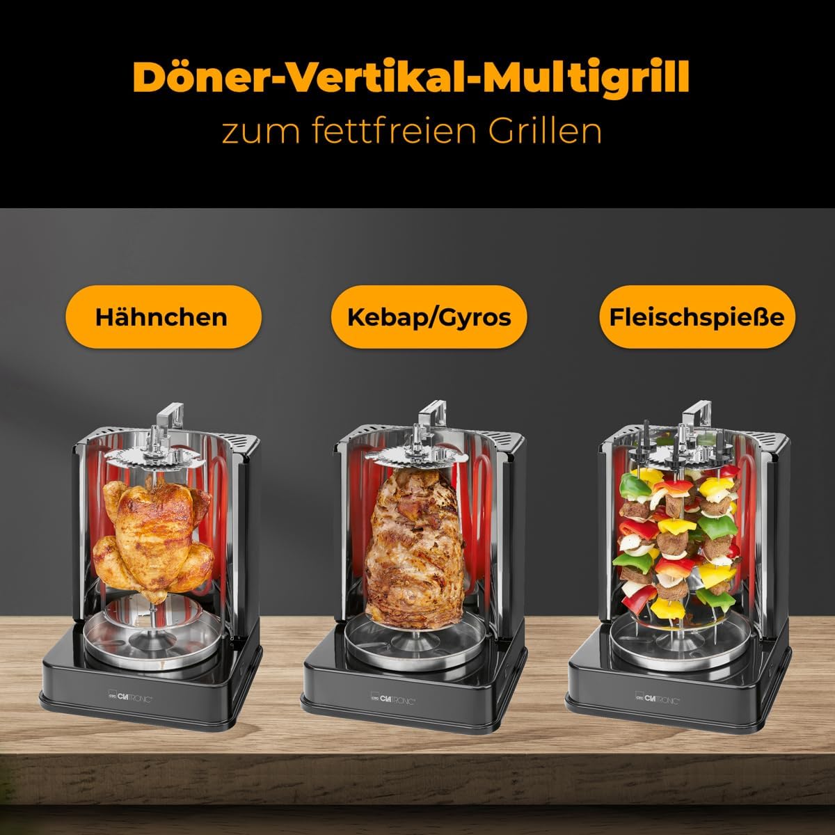 Clatronic® Döner-Vertikal-Multigrill | Multigrill Perfekt für Gyros, Kebab & mehr | Gyrosgrill für Fettfreies Grillen zuhause | Dönergrill Inkl. Drehspieß & 6 Fleischspieße | DVG 3686