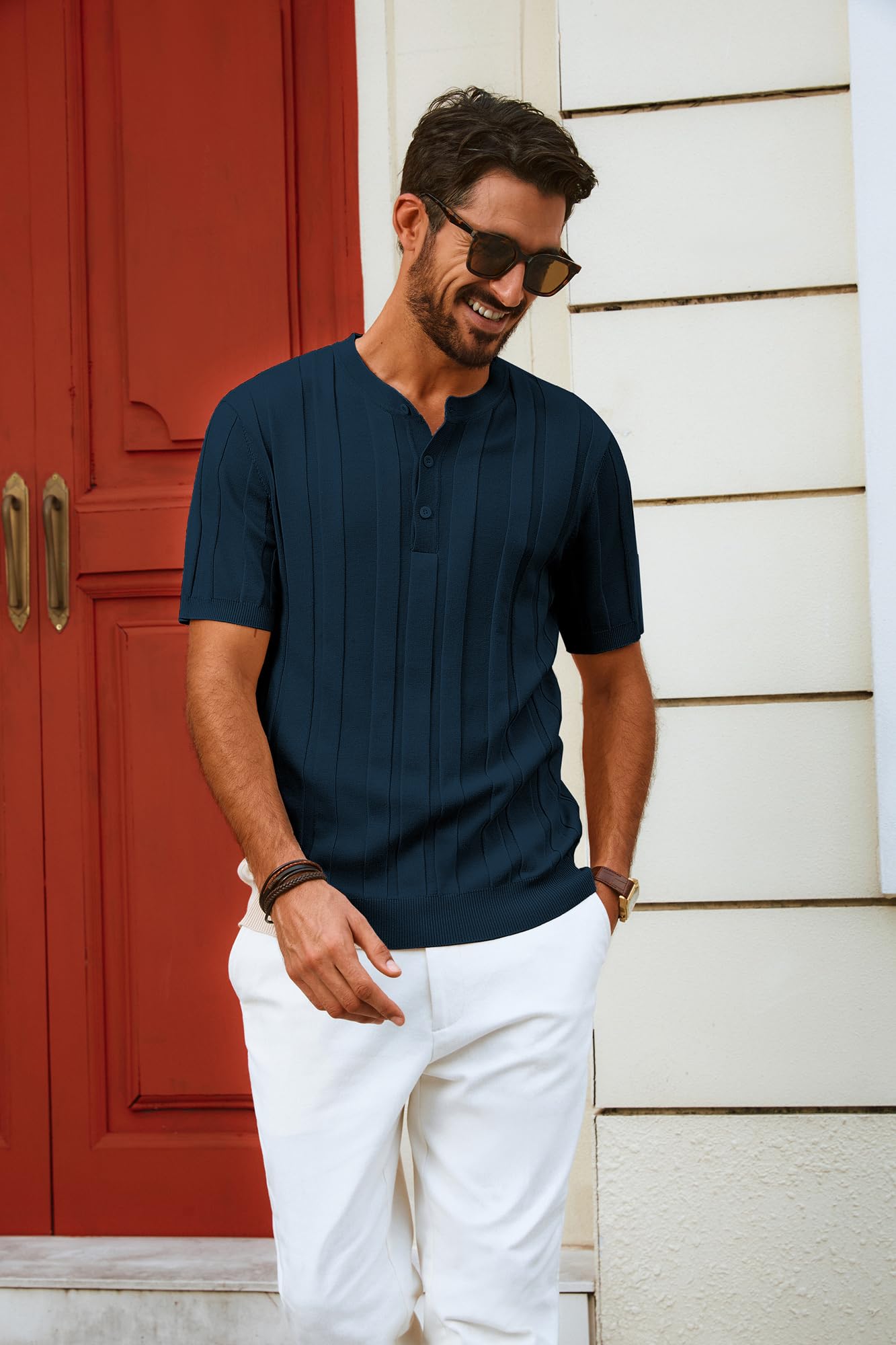 Men’s Henley Knit T-Shirt – Short Sleeve Summer Casual Tee