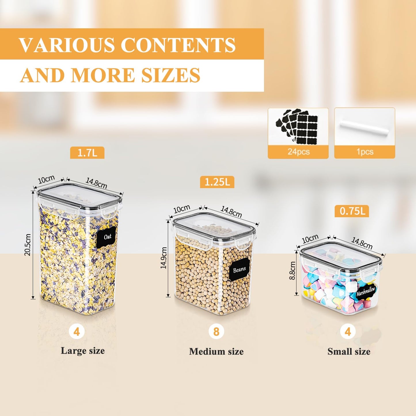 Storage Jars with Lid, Airtight, Large, 4 L, Set of 4, BPA-Free, Storage Box, Kitchen, Moth-Proof Kitchen Organiser, Flour, Spaghetti Cornflakes, Cereal Storage, Storage Container with Labels
