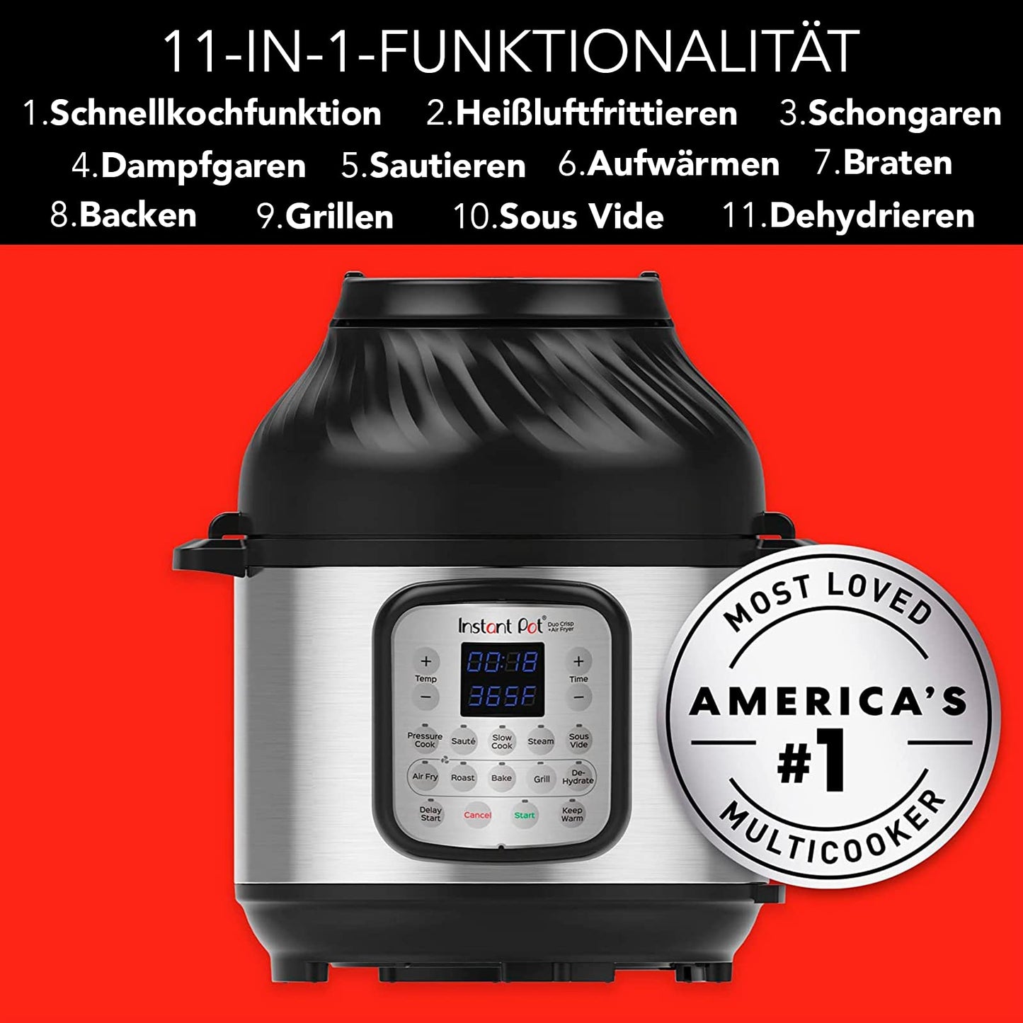 Instant Pot Duo Crisp + Heißluftfritteuse 11-in-1 Elektro-Multikocher - Schnellkochtopf, Luftfritteuse, Schongarer, Dampfgarer, Dehydrator mit Grill, Warmhalte- und Backfunktion, Edelstahl