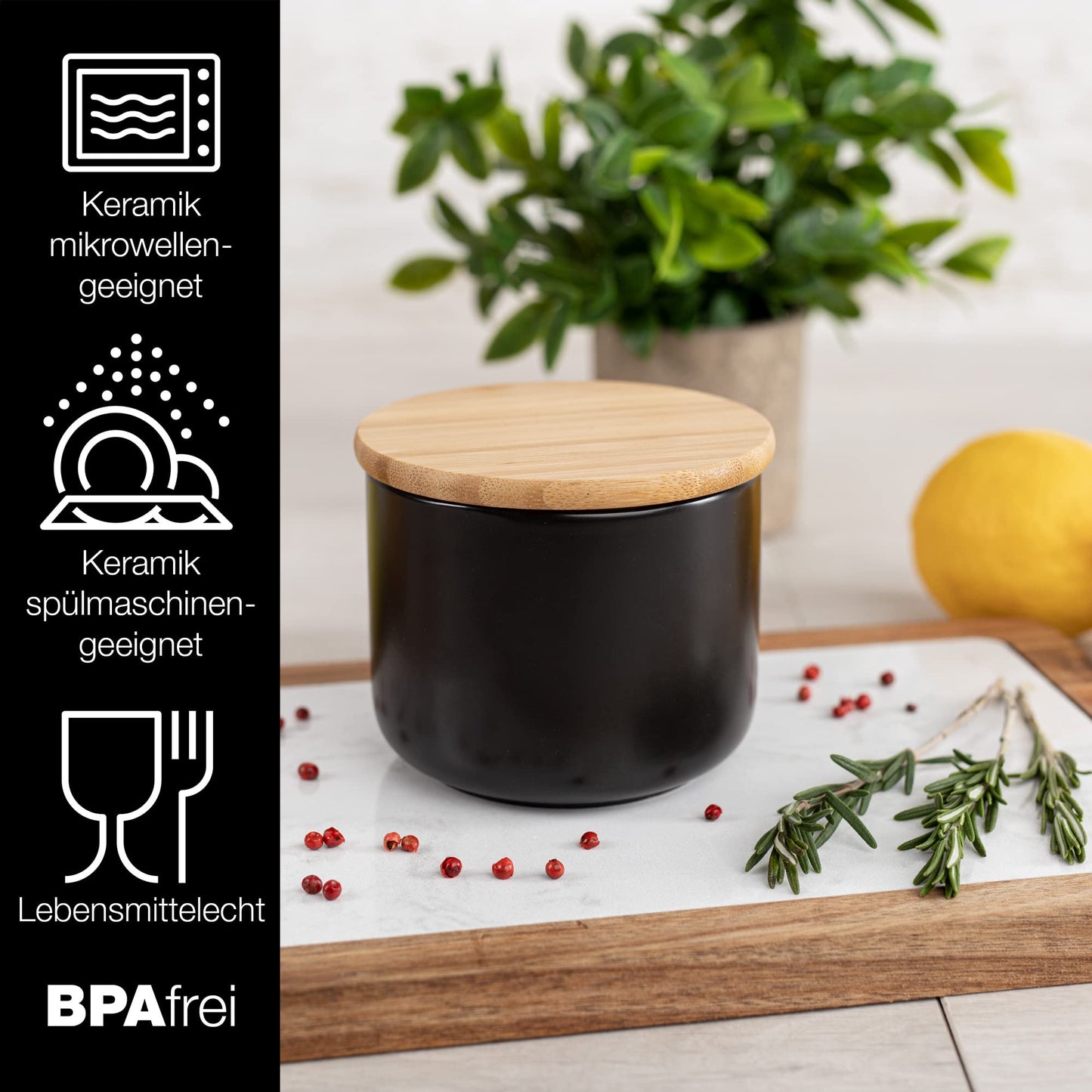 Moritz & Moritz 3x Vorratsdosen Schwarz 400ml, 600ml & 900 ml - Beschreibbar – 3x Keksdosen Keramik mit Deckel aus Bambus – Keramik Aufbewahrungsdose