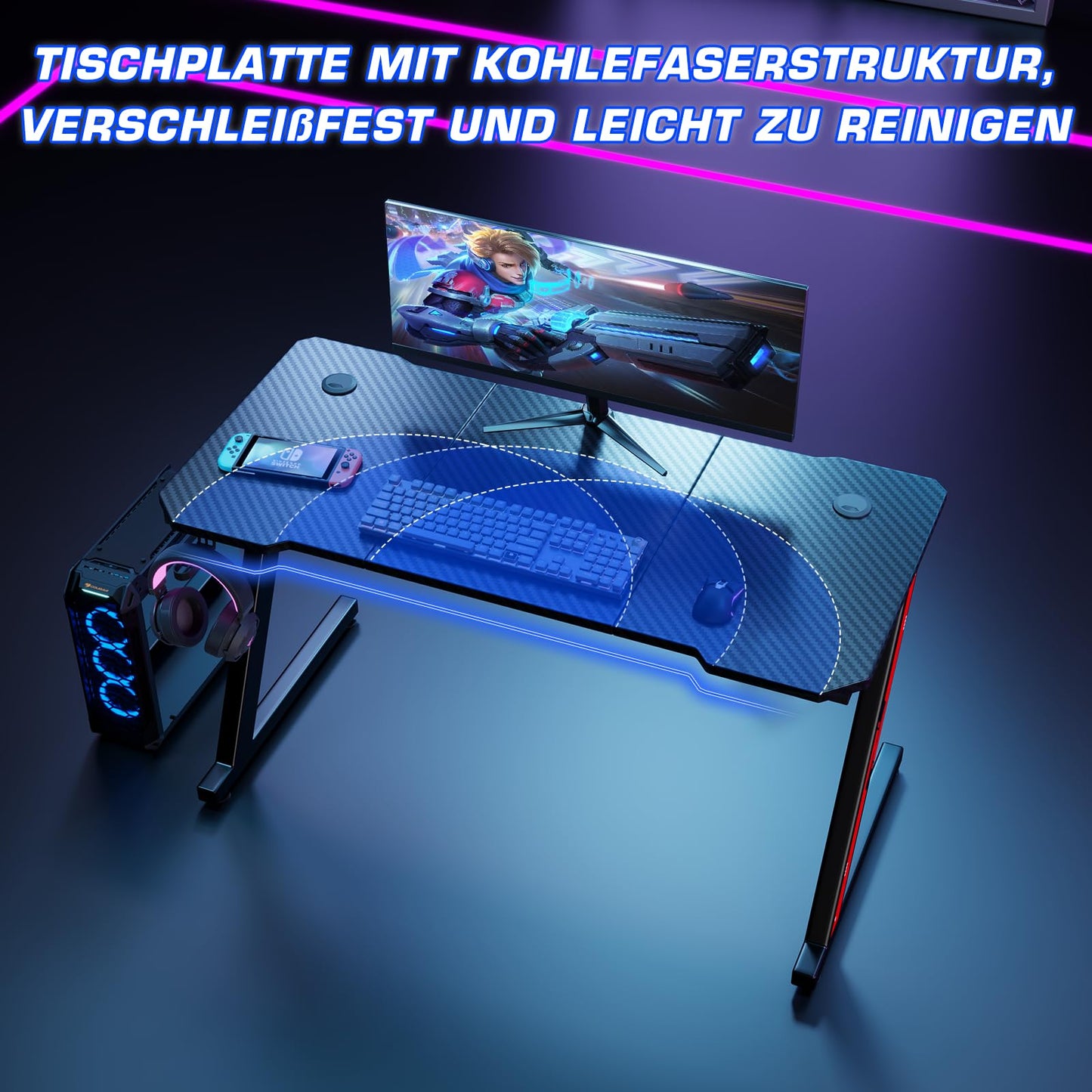 Homall Gaming Table, 80 x 52 cm, Z-Frame Gamer Desk with Headphone Hooks & Drink Holder, Carbon Coating, Ergonomic PC Computer Desk, Sturdy Table