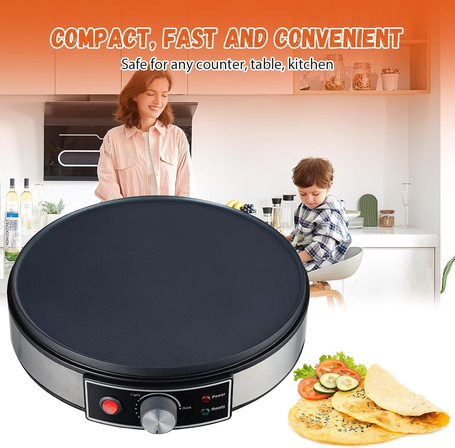 Elektrischer Crêpe-Maker – 1000W Profi-Pfannkuchenmaschine mit Antihaft-Beschichtung, Gewerbe-Küchengerät, Antihaft-Crêpe-Gerät, Backgerät, Temperaturregelung & Zubehör für Restaurant/Haushalt (30cm)