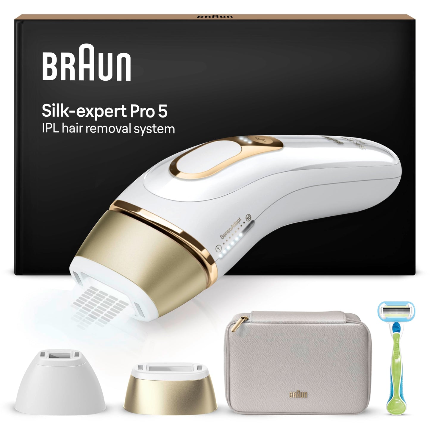 Braun IPL Silk Expert Pro 5 Haarentfernungsgerät Damen/Herren, 2 Aufsätze, sichtbare Haarentfernung, Designed In Germany, Venus Rasierer, Alternative zu Laser Haarentfernung, PL5157, weiß/gold