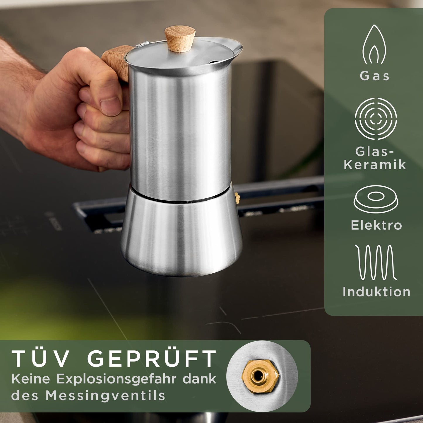 WALDWERK Espresso Maker (300 ml) – Espresso Maker Suitable for All Types of Cookers – Stainless Steel Mocha Pot with Wooden Handle Made of Real Oak Wood
