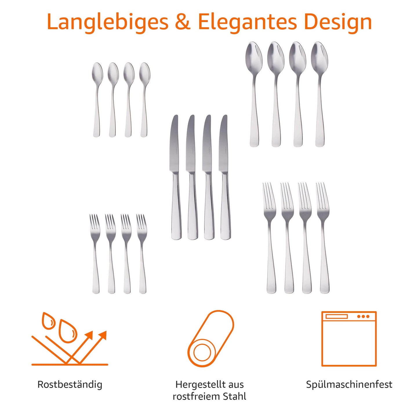 Essbesteck-Set mit Eckiger Rand, Edelstahl, 20 Stück Set, für 4 Personen, Silberfarben