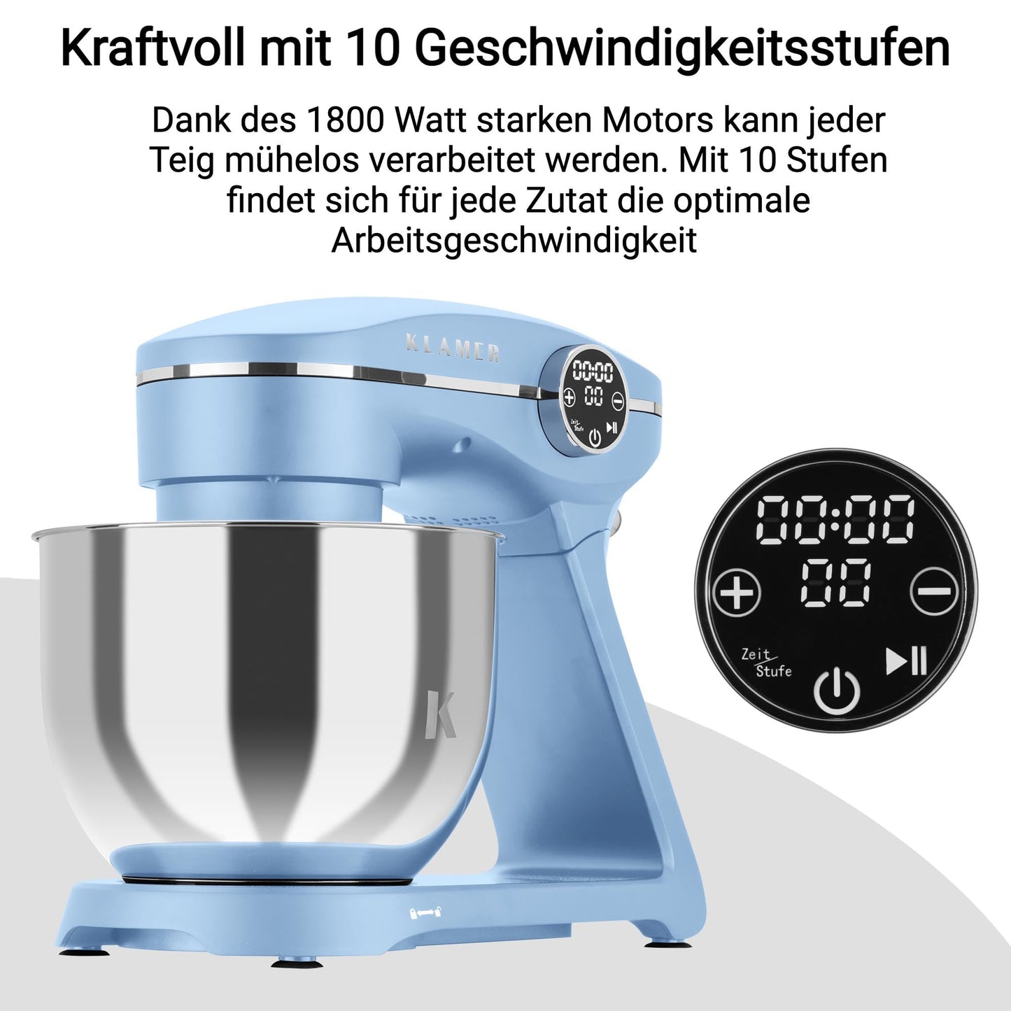 KLAMER Küchenmaschine 1800W, Knetmaschine Brotteig mit Edelstahl-Rührschüssel 6 L, 10 Stufen mit Timer, Planetenrührwerk, Rührbesen, Knethaken, Schneebesen & Sichtdeckel (schwarz)