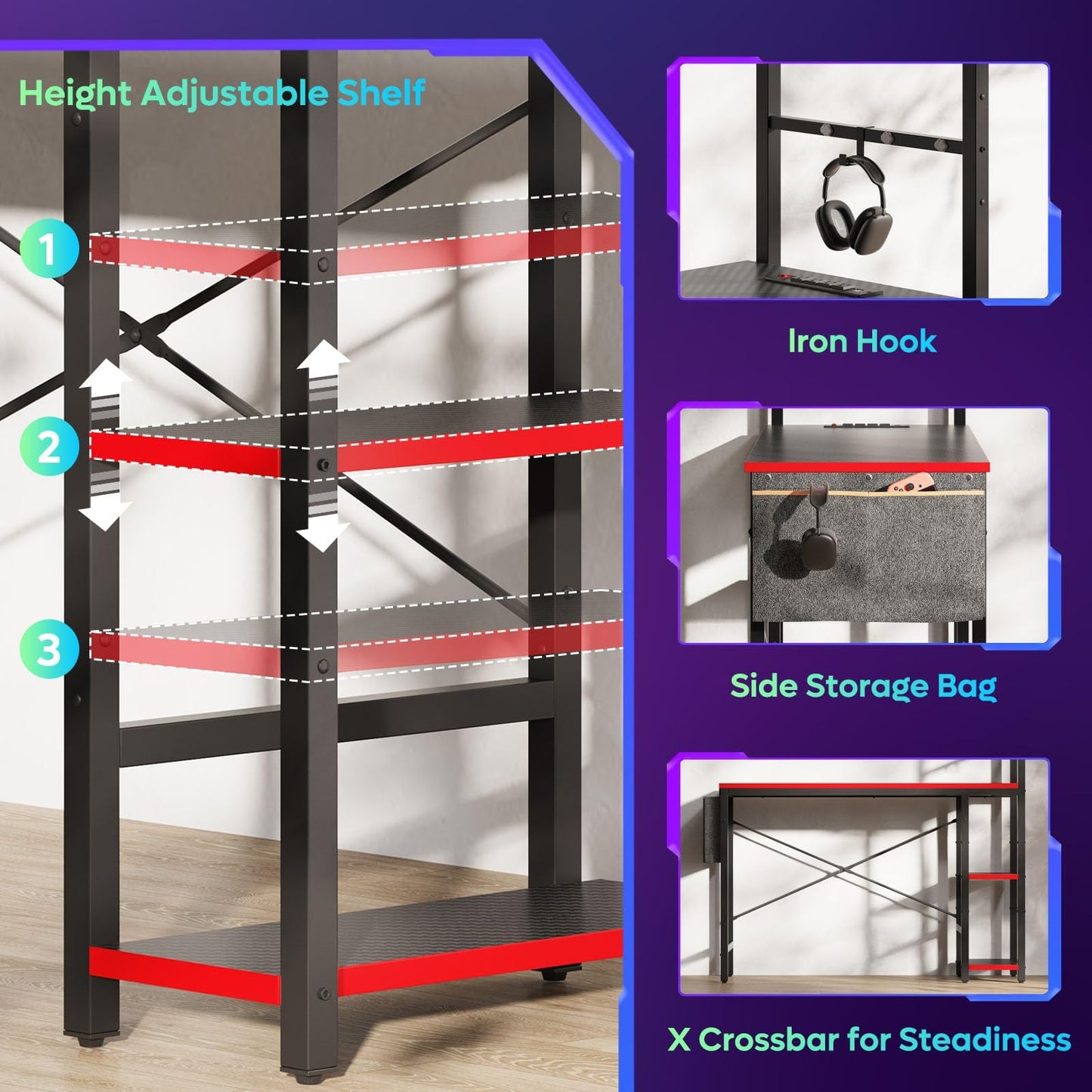 Bestier 113CM Eck-Computertisch mit Steckdosen Computertisch mit LED-Leuchten Umkehrbarer Schreibtisch mit Seitentasche Aufbewahrungstasche & Zubehöraufhänger für Home Office Small Space Weiß