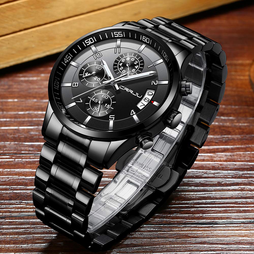 CRRJU Herren Uhr Business Edelstahl wasserdichte Chronographen mit Kalender Armbanduhr Edelstahlband Stoppuhr Analog Quarzuhr