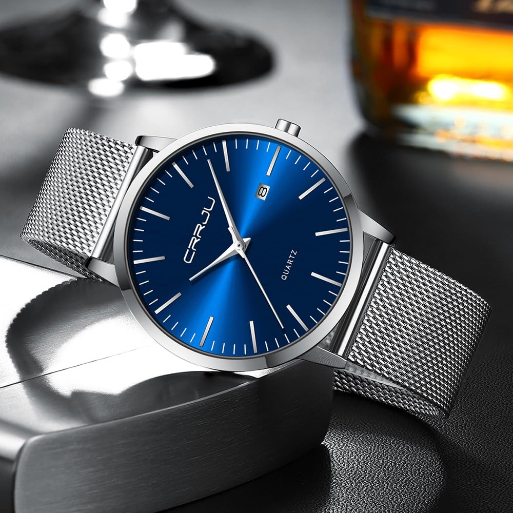 CRRJU Herren Uhr Ultra Dünne Wasserdicht Armbanduhr Herren Mode mit Schwarz Edelstahlband Mesh Analog Quarz Business Männer Uhren