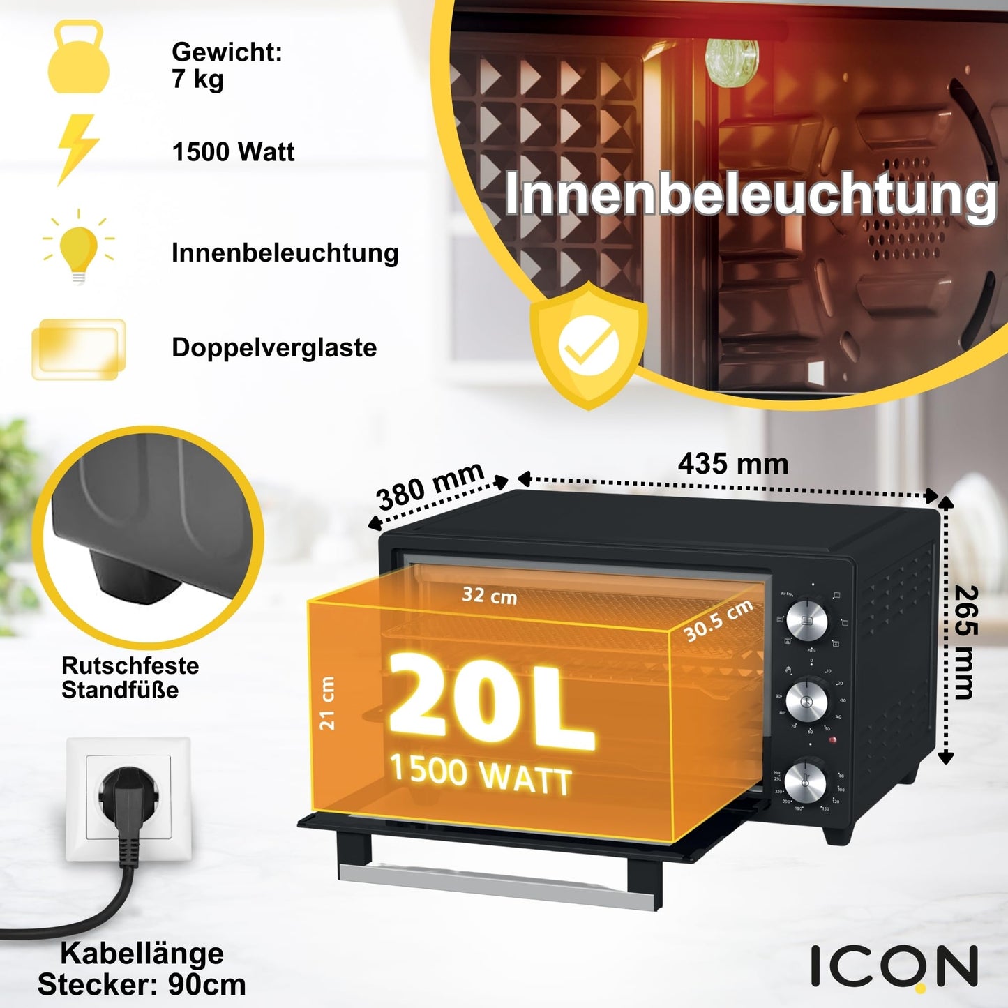 ICQN Kompakter Minibackofen 15 Liter, 1200W, 60 min-Timer, 3 Kochfuntionen, 90°-230°C, Kleiner Camping Ofen, Anthrazit, 2-Jahre Garantie