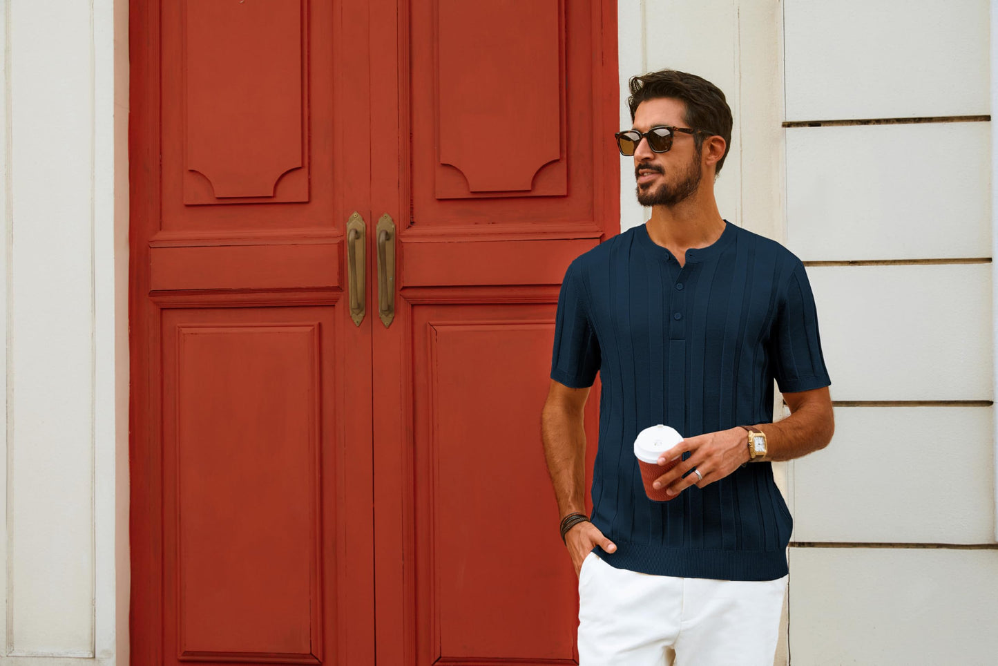 Men’s Henley Knit T-Shirt – Short Sleeve Summer Casual Tee