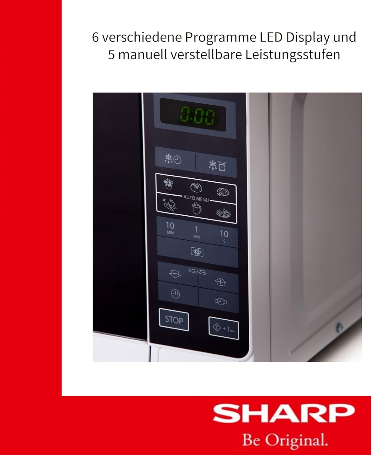 Sharp R242INW Solo-Mikrowelle / 20 L / 800 W / 5 Leistungsstufen / 8 Automatikprogramme / Gewicht- und zeitgesteuerte Auftauen / Kindersicherung / Energiesparmodus / Glasdrehteller (25,5 cm) / silber