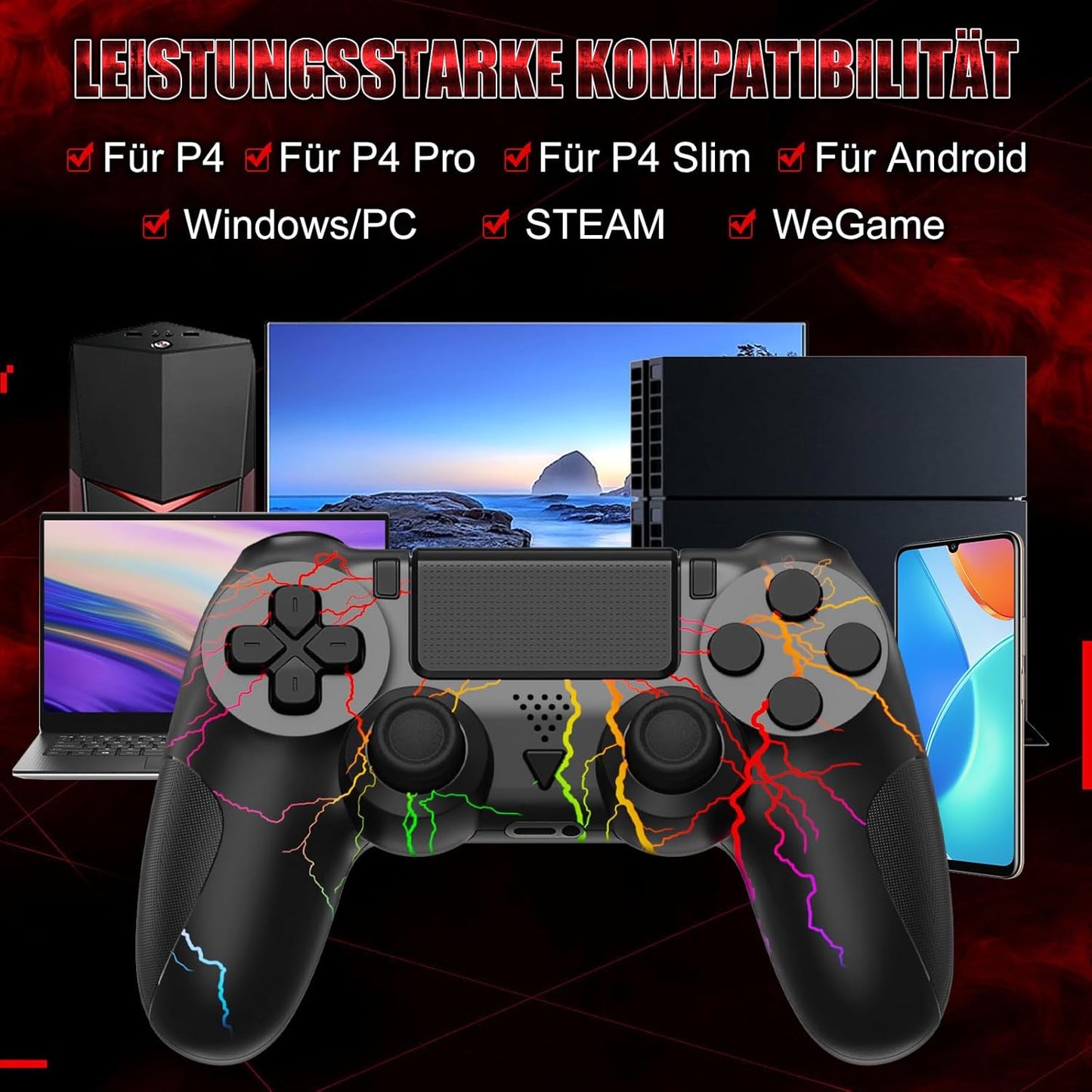 LCDNTEM Wireless Controller für PS-4, RGB Game Controller Kompatibel mit PS-4/Slim/Pro/PC, Gamepad mit Dual Vibration, LED, 6-Achsen, Touchpad