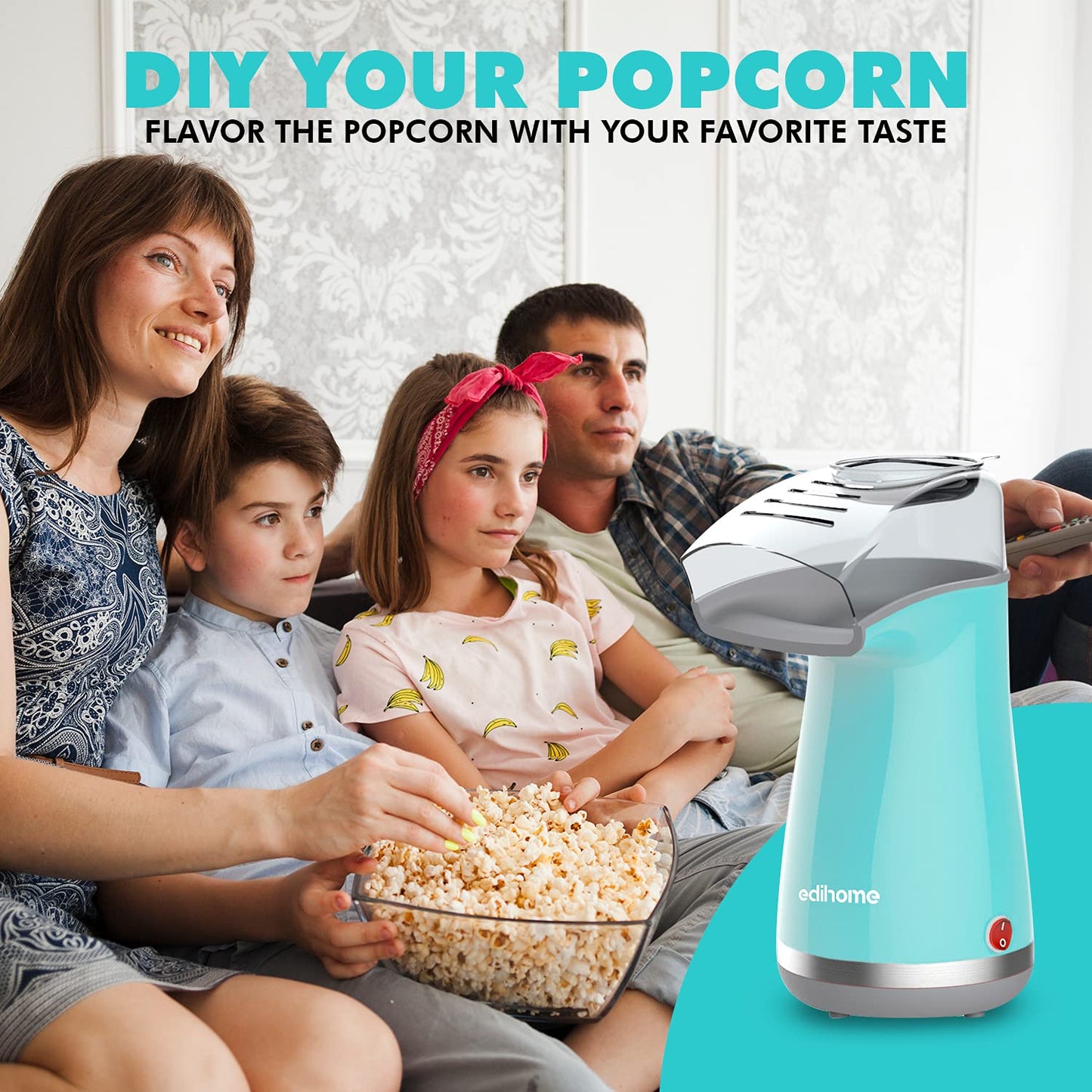 Edihome, Popcornmaschine, Popkornmaschinene, Elektrischer Popcorn Maker, 1200 W, Inklusive Dosierlöffel, Popkorn fertig in 2 Minuten, Heimkino, Series (Rot)