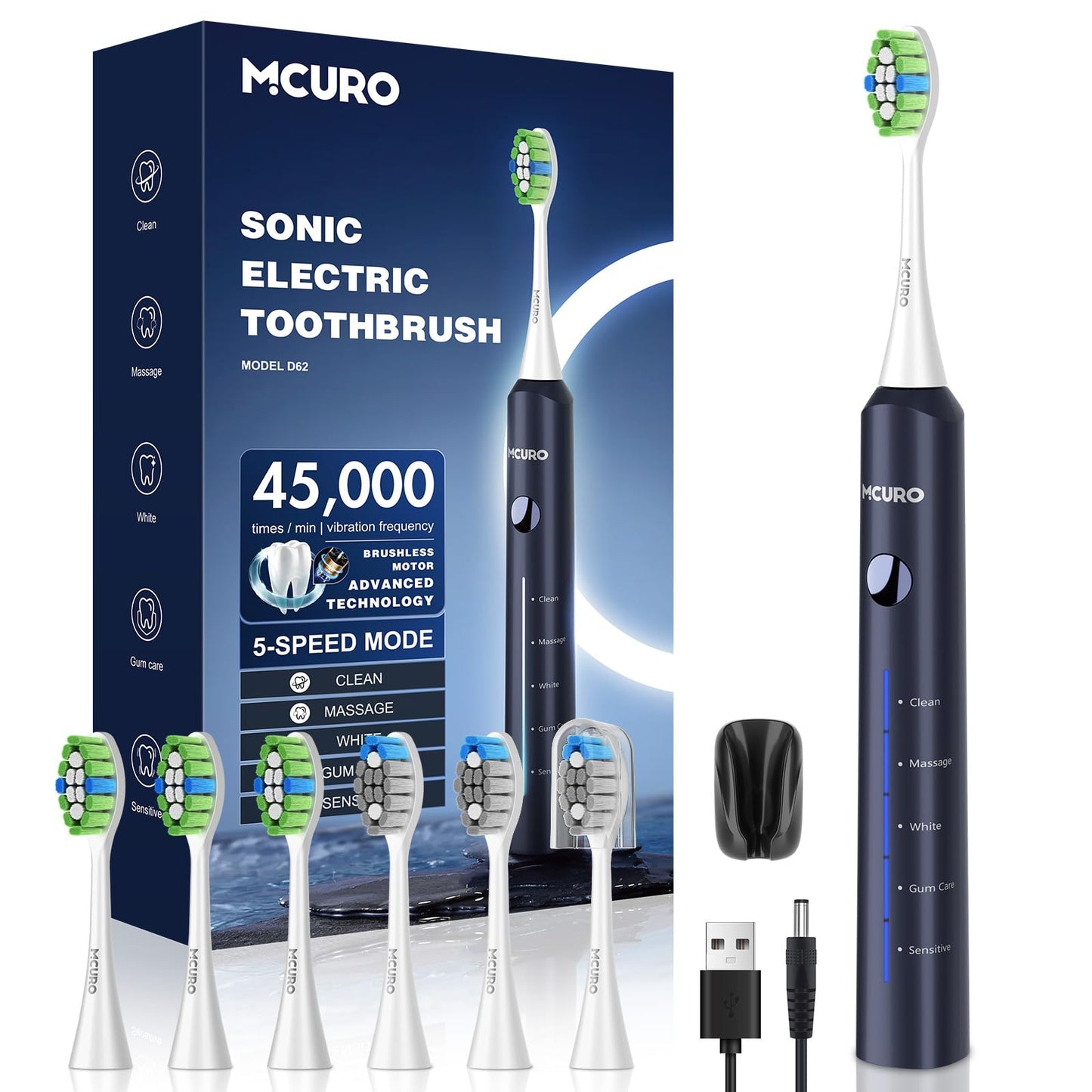 Elektrische Zahnbürste, Schallzahnbürste, Zahnbürste Elektrisch 45000VPM, Aufhellung Der Zähne In 1 Woche, 120 Tage Akkulaufzeit, Batteriestandsanzeige, 6 DuPont-Bürstenköpfe, 5 Modi, Timer, Schwarz