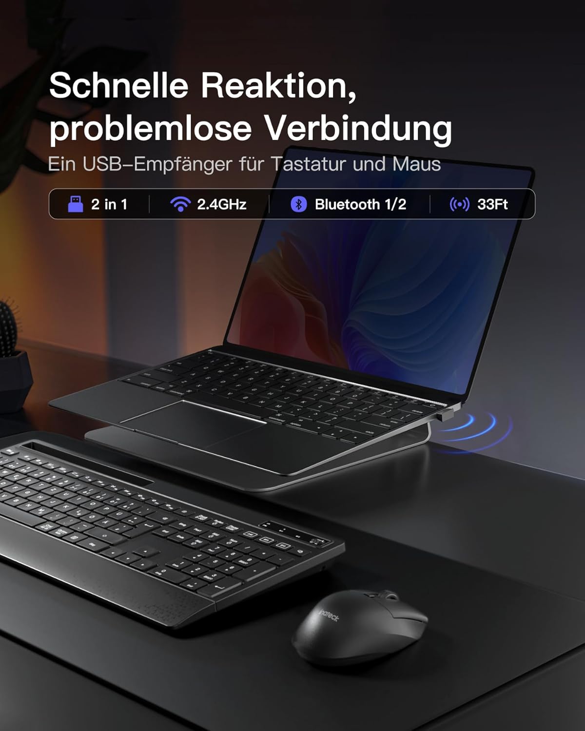 Inateck Tastatur Maus Set Kabellos,Tastatur in voller Größe mit Handballenauflage, Telefonhalter, 2,4 GHz Kabellose/Bluetooth Geräuschlose für Mac, Windows, Computer, Laptop, PC
