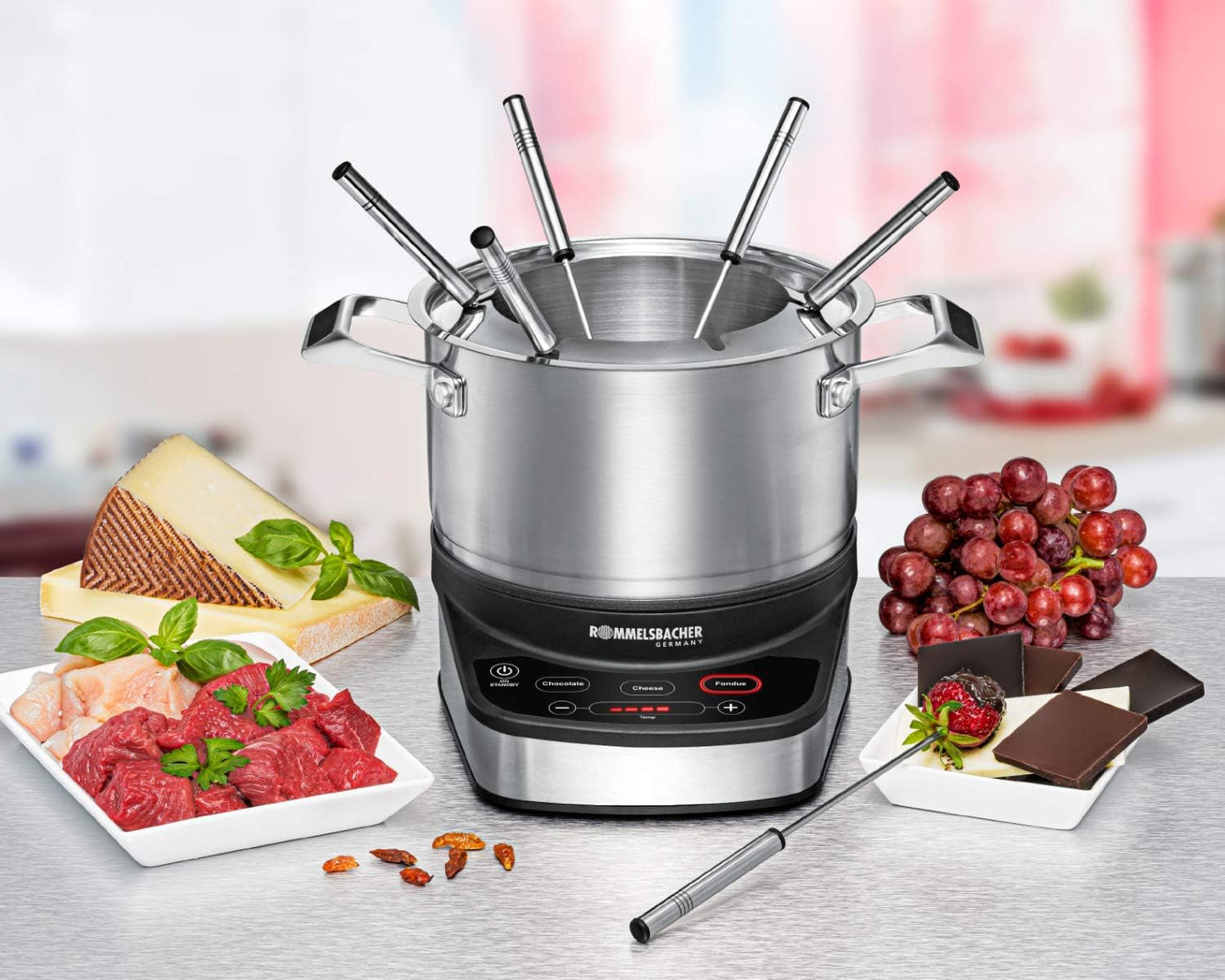 ROMMELSBACHER Electric Fondue Set F 1200 - Fondue Pot Made of Stainless Steel (2.5 Litres), 6 Fondue Forks, 3 Programmes, Extra Long Cable, High Temperature Accuracy, 1200 Watt