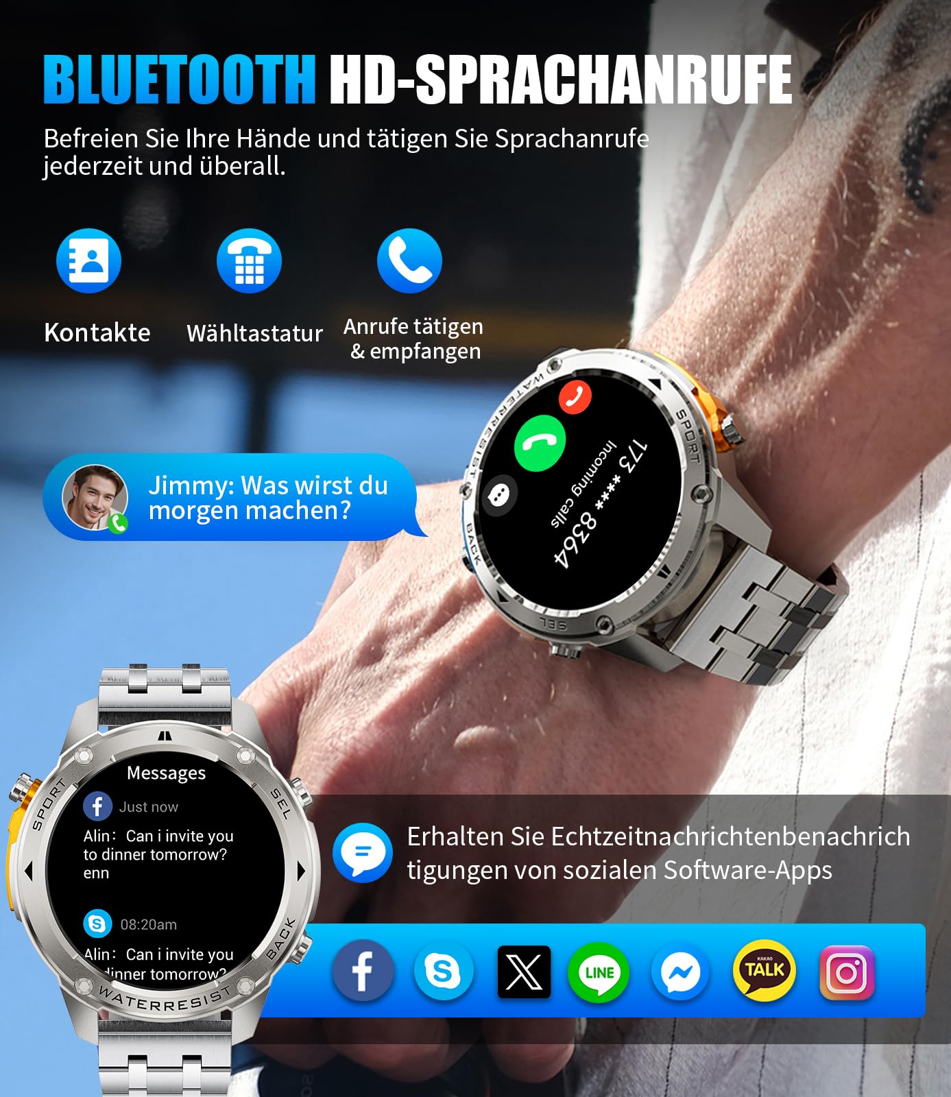 LIGE GPS Smartwatch Herren,1,43" HD AMOLED Smartwatch mit Telefonfunktion,Fitnessuhr,Gunmetal Militär Uhr mit 170+ Sportmodi,Herz-/Schlaftracking/Kompass,5ATM Wasserdicht Sportuhr für iOS/Android