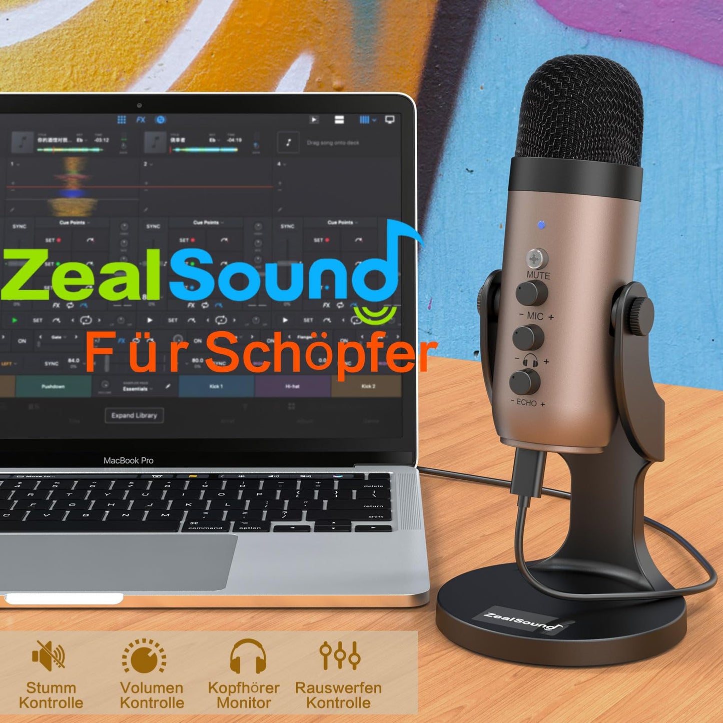 zealsound USB Mikrofon, Kondensator Mikrofon für PC Handy, PS4, PS5, Microphone PC USB C für Gaming, Podcast,Aufnahmen,Streaming,ASMR mit Stumm/Gain/Echo, Adapter für Phone,Kompatibel mit Mac, Winows