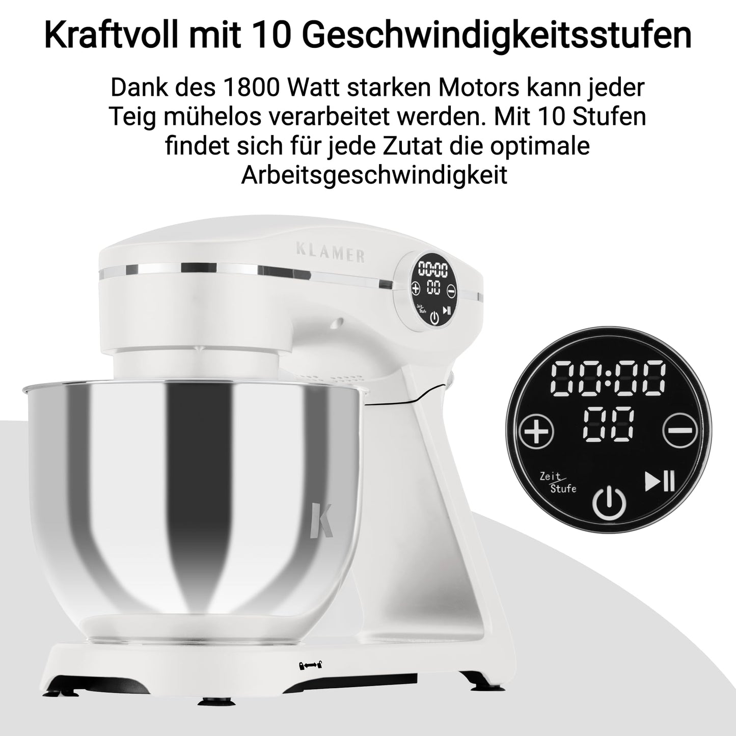KLAMER Küchenmaschine 1800W, Knetmaschine Brotteig mit Edelstahl-Rührschüssel 6 L, 10 Stufen mit Timer, Planetenrührwerk, Rührbesen, Knethaken, Schneebesen & Sichtdeckel (schwarz)