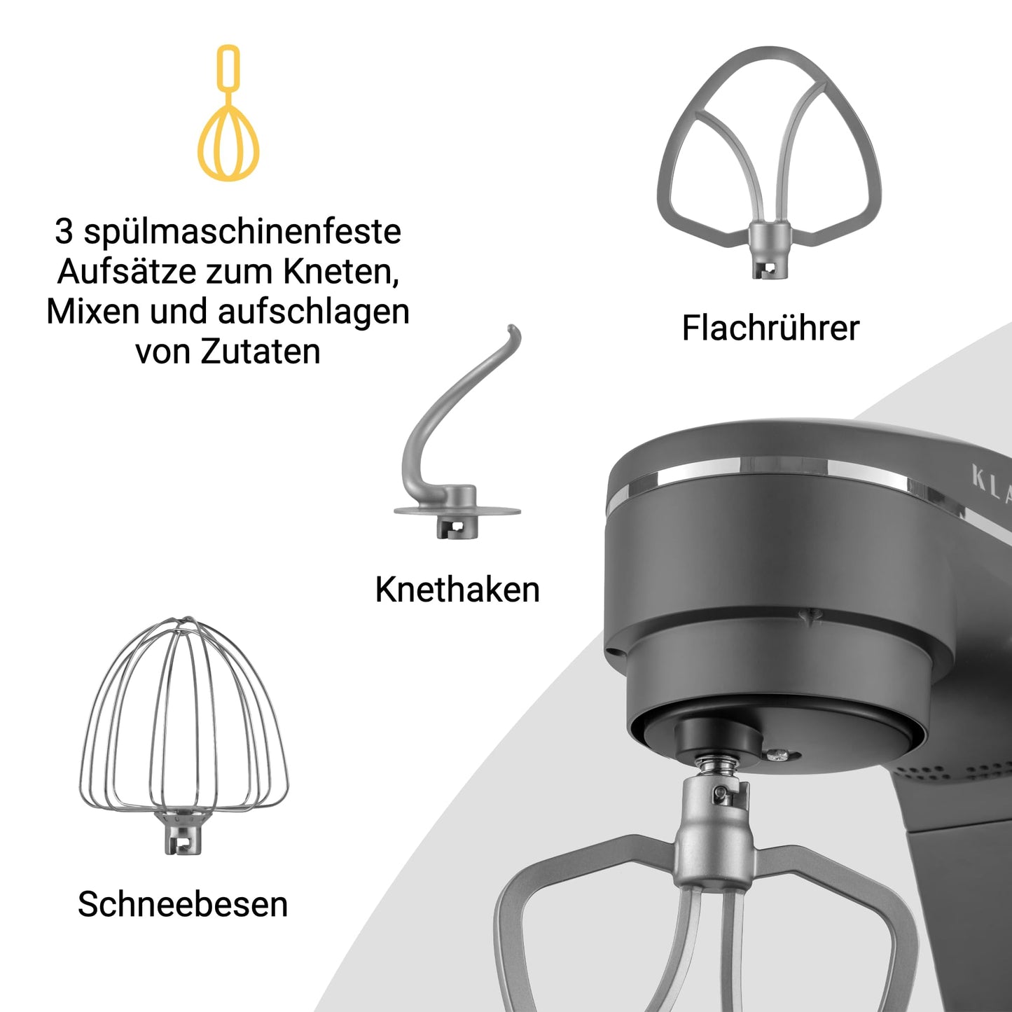 KLAMER Küchenmaschine 1800W, Knetmaschine Brotteig mit Edelstahl-Rührschüssel 6 L, 10 Stufen mit Timer, Planetenrührwerk, Rührbesen, Knethaken, Schneebesen & Sichtdeckel (schwarz)