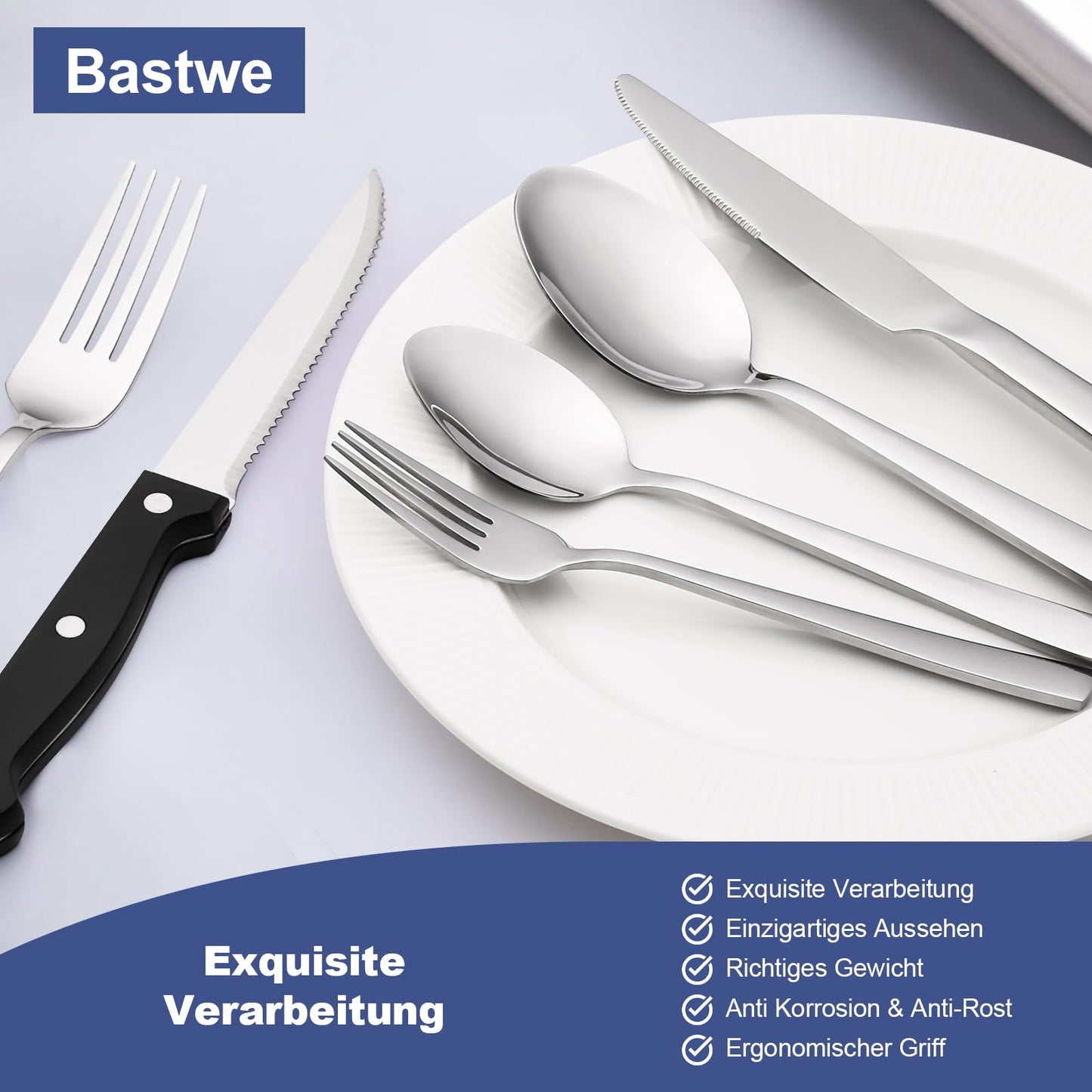 Besteck Set 6 Personen, Bastwe 36 teiliges Edelstahl Besteckset mit Steakmesser, Hochwertiges Messer Gabel Löffel für Familie/Party/Hotel, Hochglanzpoliert & Spülmaschinenfest